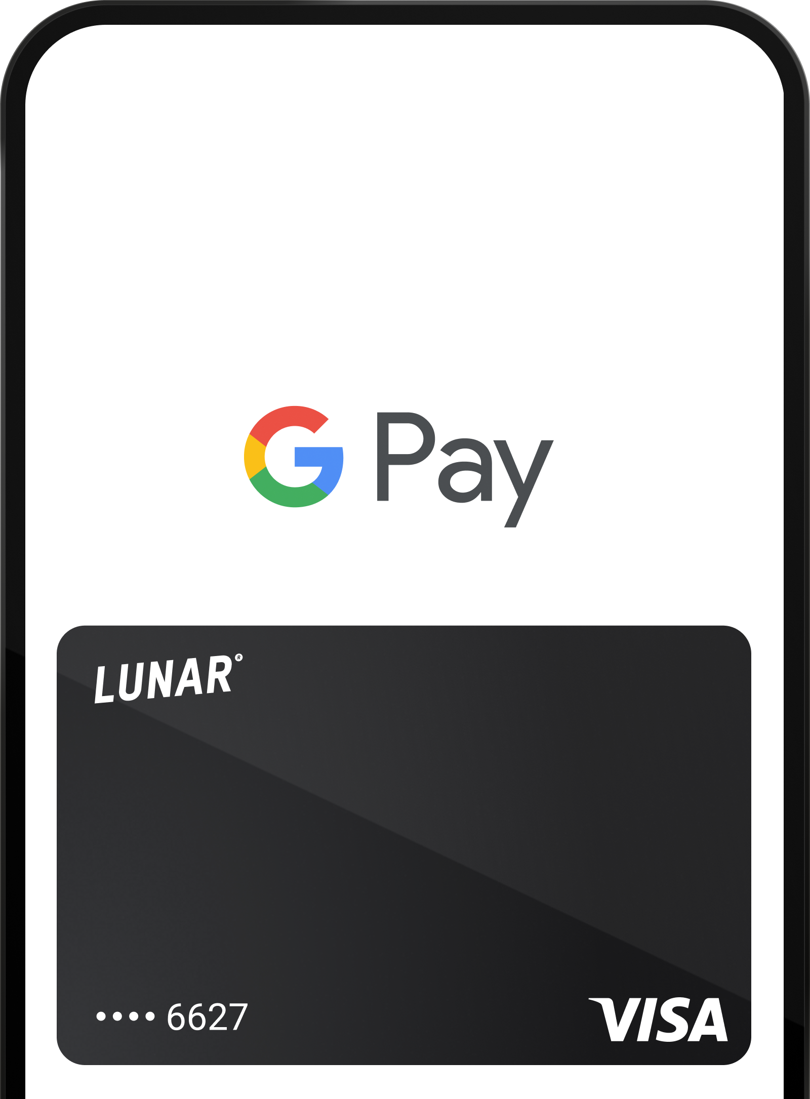 Et skjermbilde av Google Pay-grensesnittet, som viser et svart digitalt Lunar Visa-kort klart for betaling.