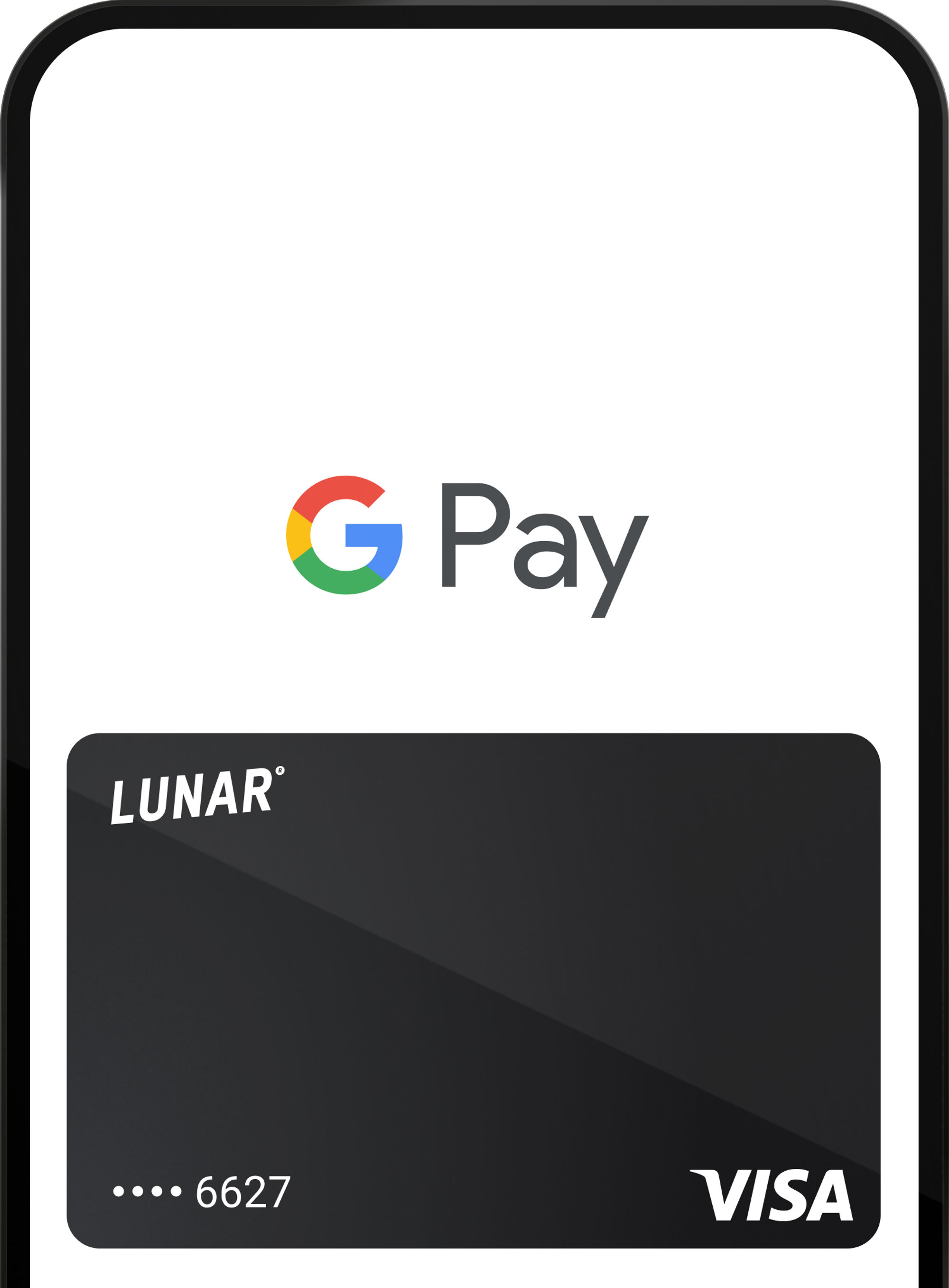 Et skjermbilde av Google Pay-grensesnittet, som viser et svart digitalt Lunar Visa-kort klart for betaling.
