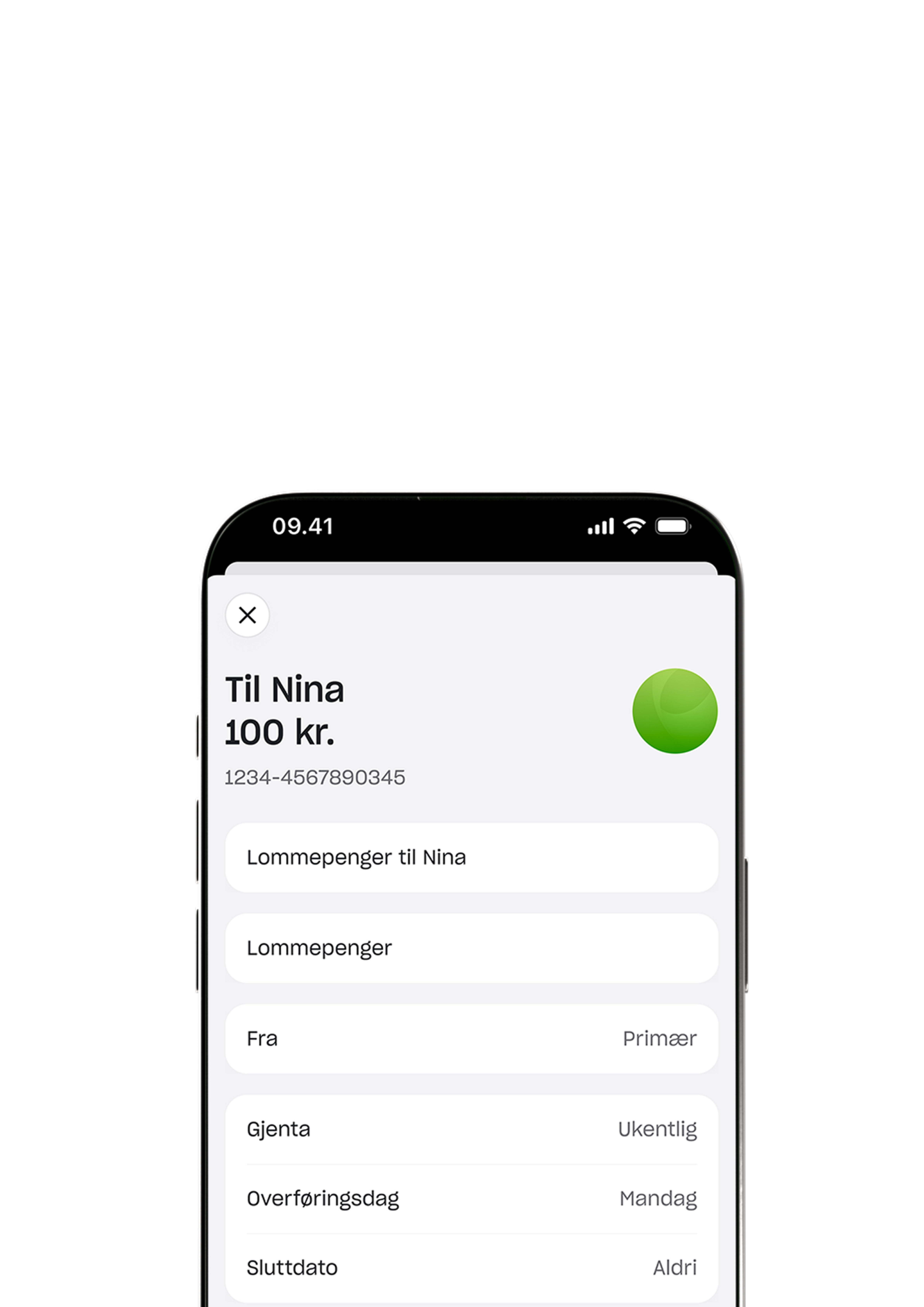 Et skjermbilde av en mobilapp for å sette opp en gjentakende ukentlig lommepengebetaling på 100 kr til en mottaker ved navn Nina.