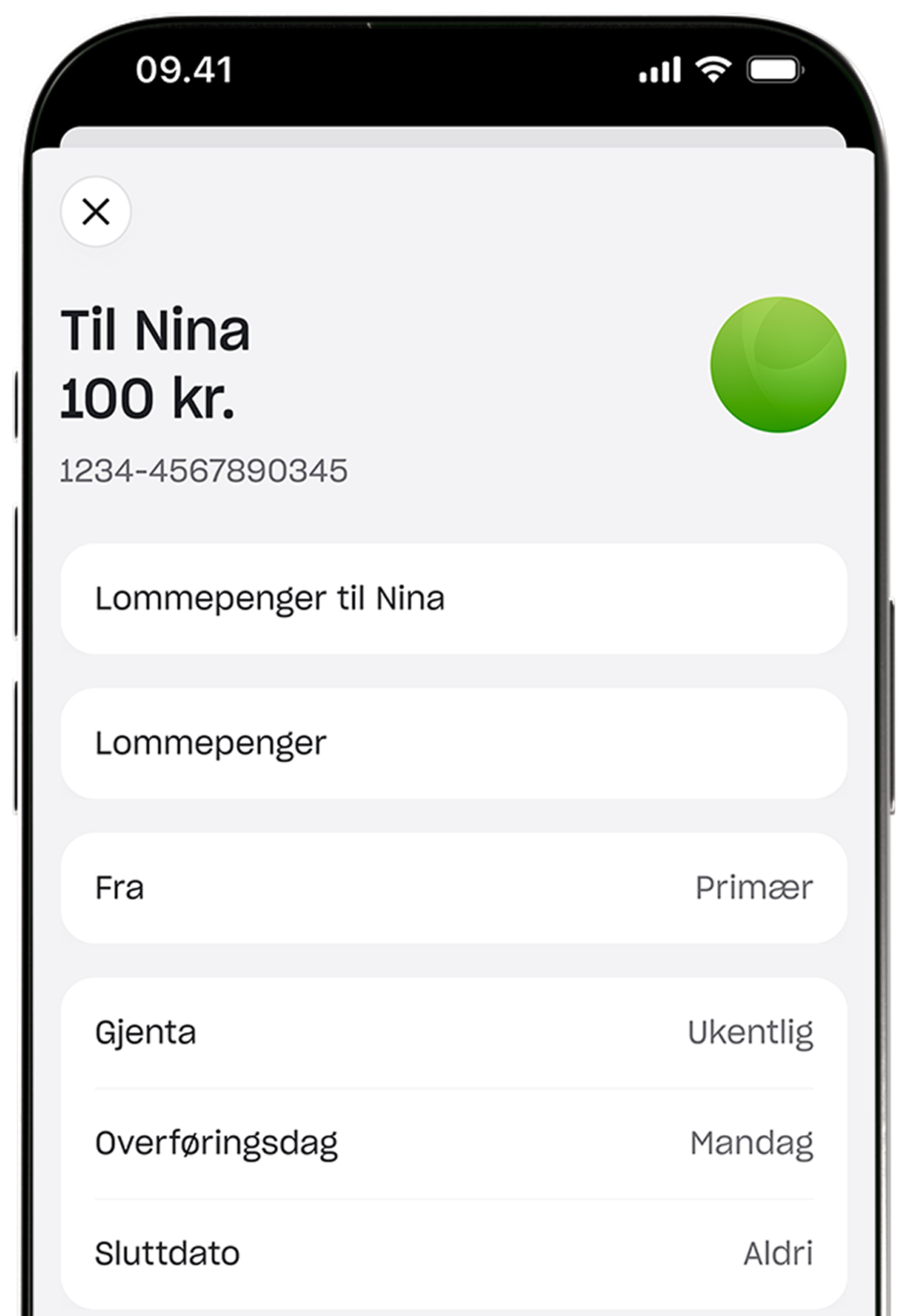 Et skjermbilde av en mobilapp for å sette opp en gjentakende ukentlig lommepengebetaling på 100 kr til en mottaker ved navn Nina.