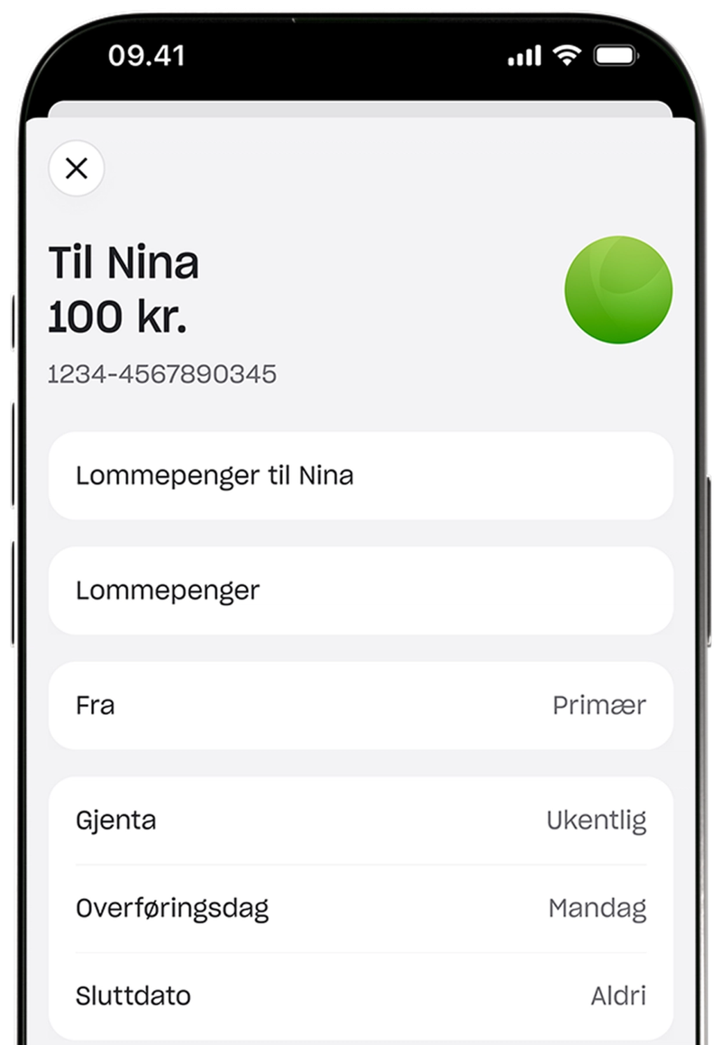 Et skjermbilde av en mobilapp for å sette opp en gjentakende ukentlig lommepengebetaling på 100 kr til en mottaker ved navn Nina.