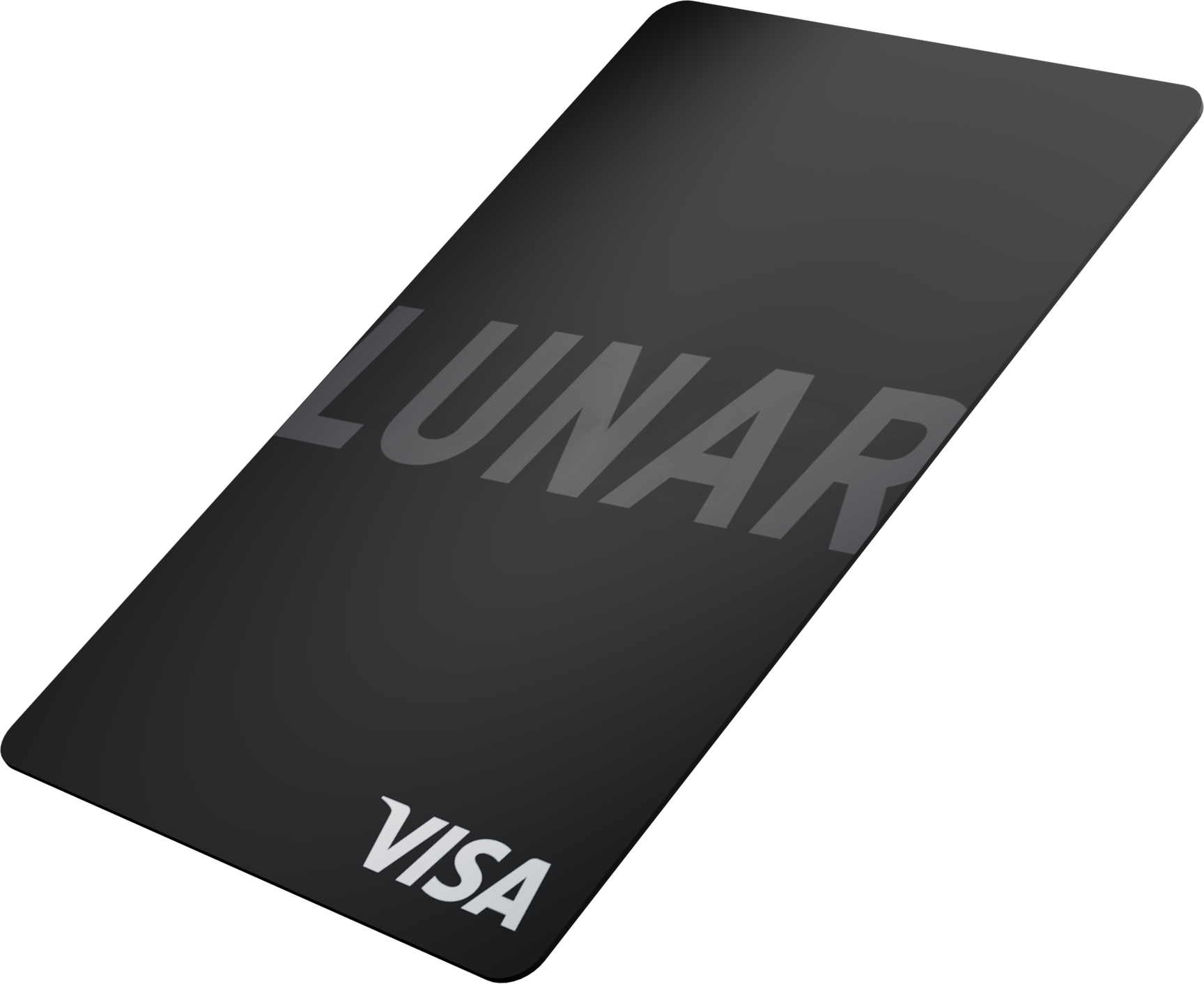 Et minimalistisk sort Lunar Visa-kort med et diskret, mørkt logo, vist fra en vinkel mod en lys grå baggrund.