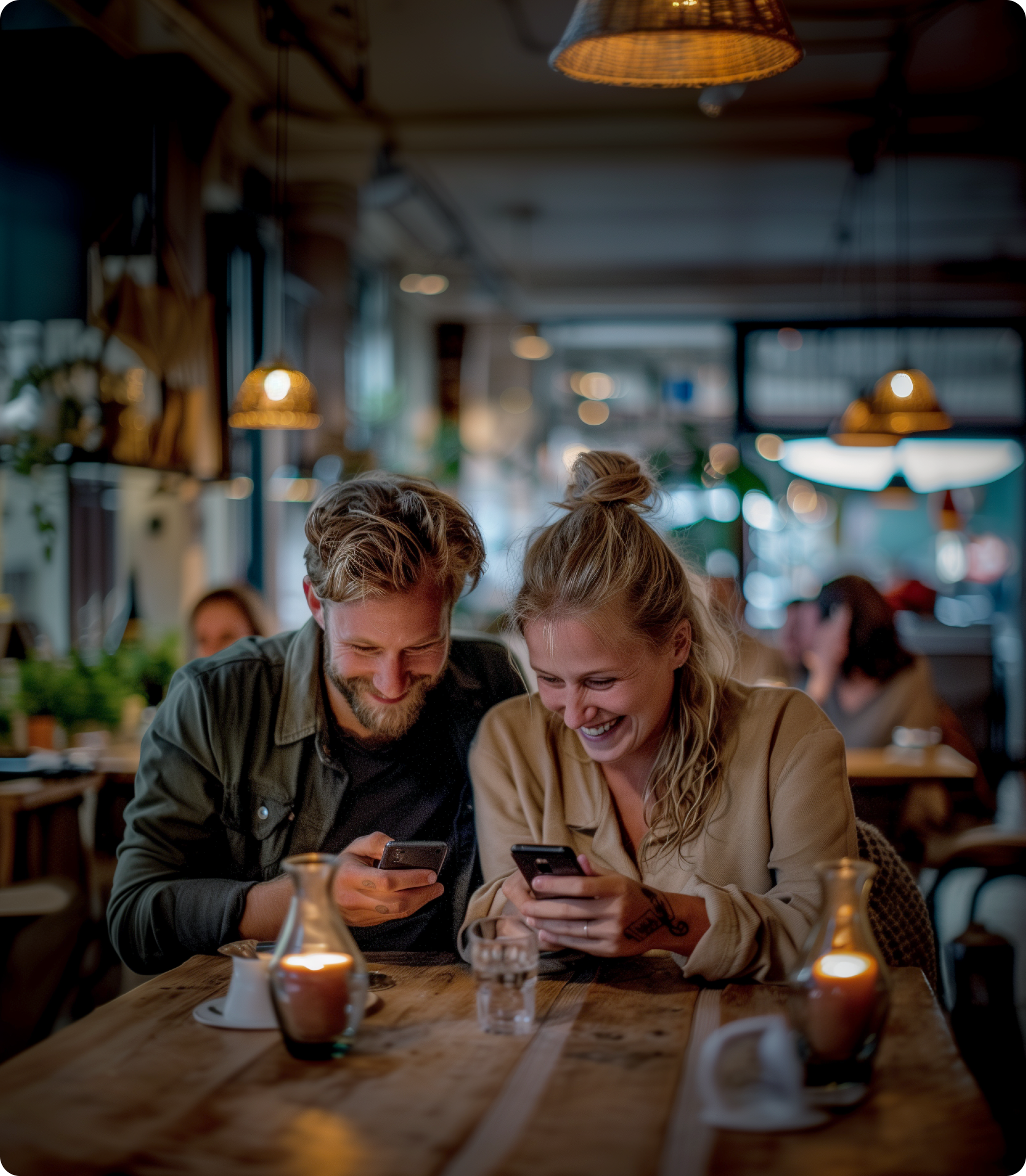 A happy couple laughs together while looking at their smartphones at a table in a cozy, candlelit cafe.
