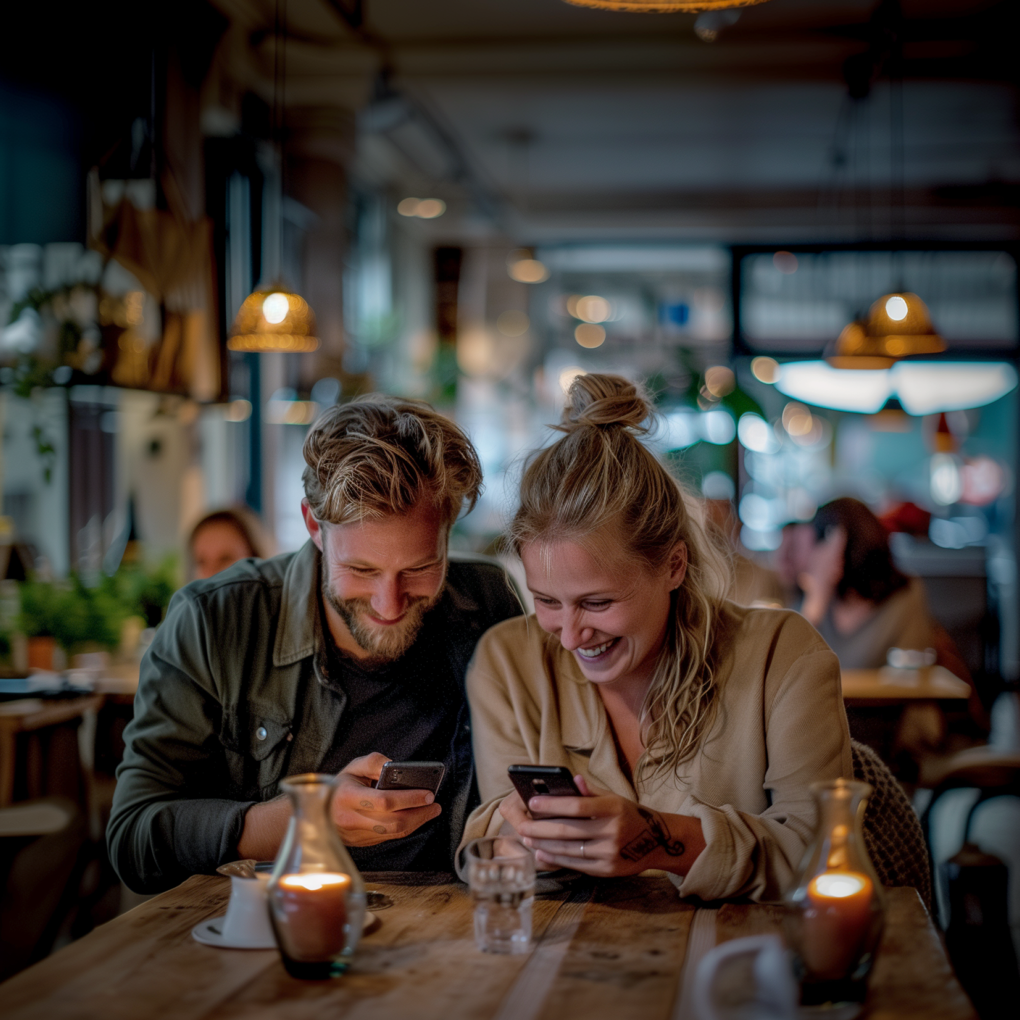 A happy couple laughs together while looking at their smartphones at a table in a cozy, candlelit cafe.