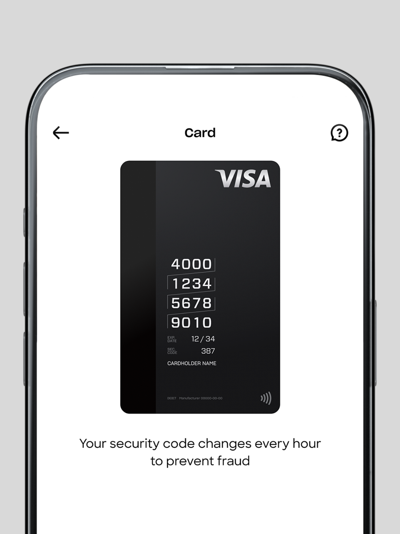 A screenshot of a mobile app displaying a digital Visa card's full number and a note explaining that the security code changes hourly to prevent fraud.