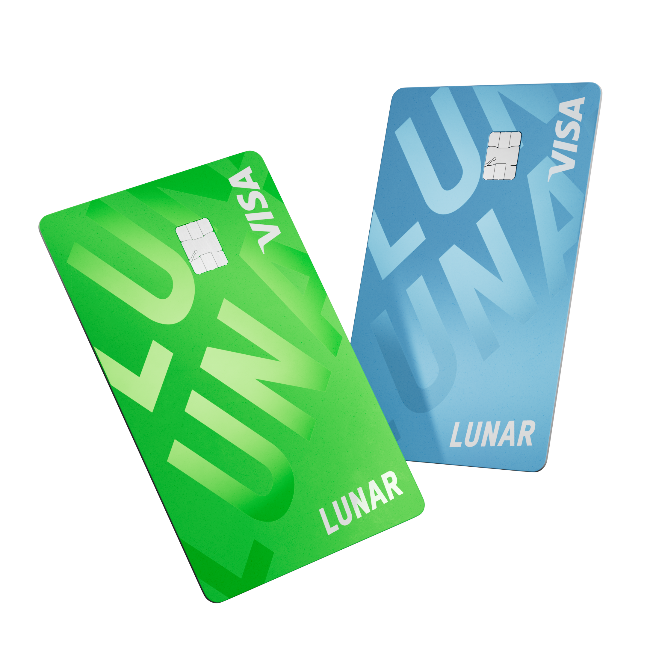 Et lysegrønt og et lyseblåt Lunar Visa-kort, begge med et stort logomønster, vises svævende fra en vinkel.