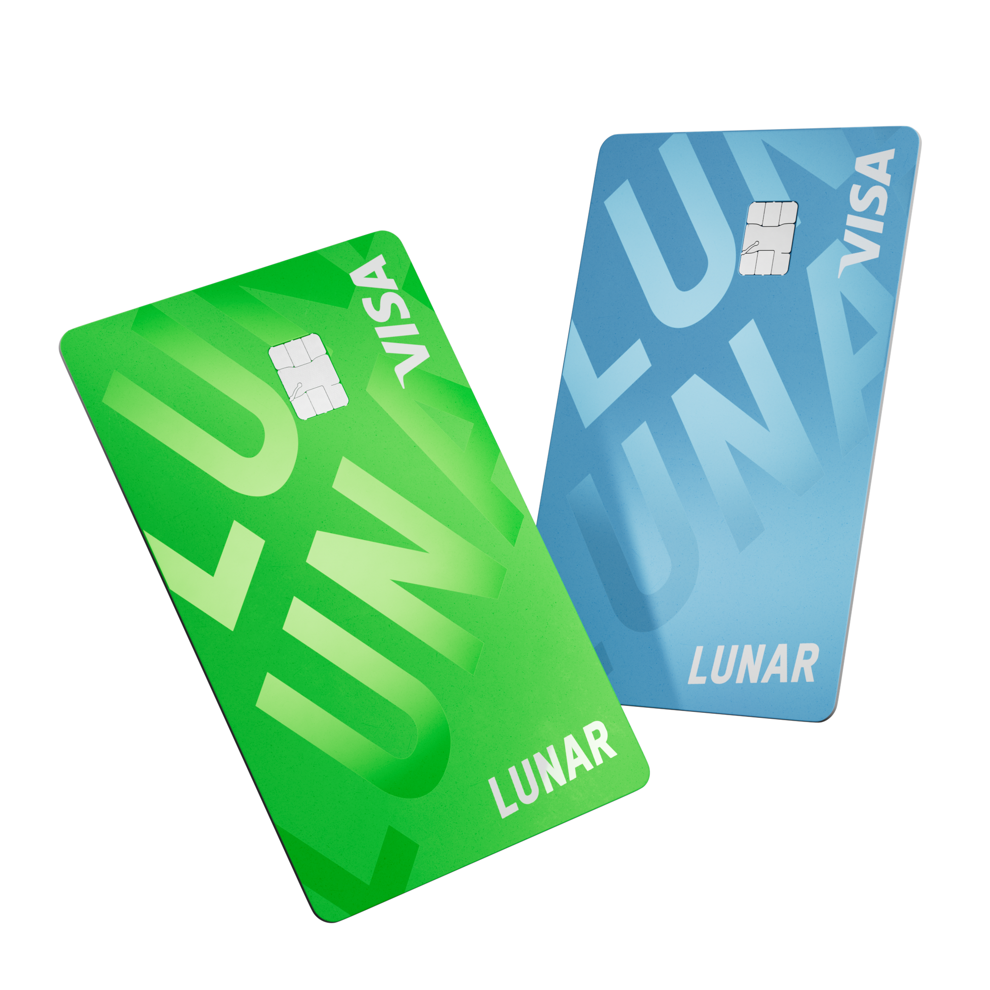 Et lysegrønt og et lyseblåt Lunar Visa-kort, begge med et stort logomønster, vises svævende fra en vinkel.