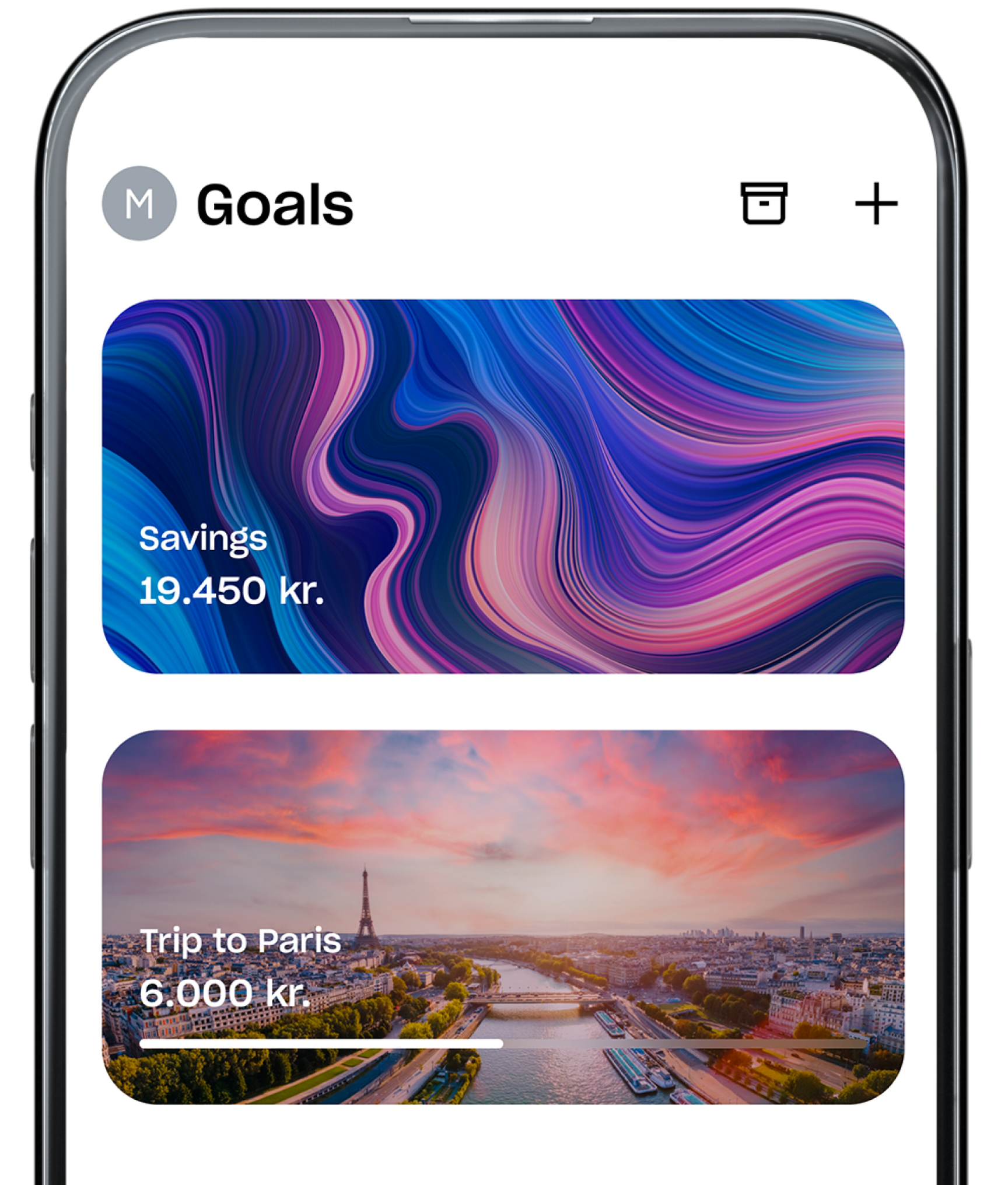 Et skærmbillede af en mobilapps "Goals"-skærm, der viser to sparemål: et for "Savings" (Opsparing) og et andet for en "Trip to Paris" med en visuel statuslinje.