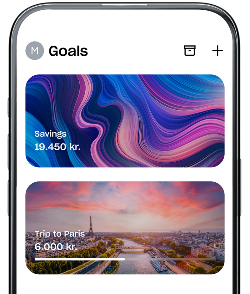 A screenshot of a mobile app's "Goals" screen, showing two savings goals: one for "Savings" and another for a "Trip to Paris" with a visual progress bar.