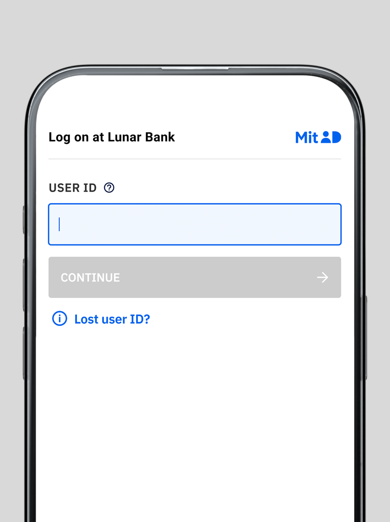 A screenshot of a mobile banking app's login screen, showing a field for a User ID and a continue button.