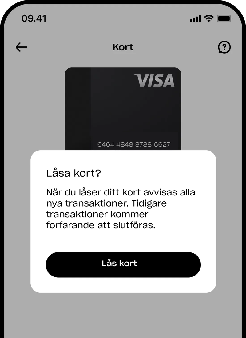 En skärmdump av en mobilapp som visar en dialogruta för att låsa ett digitalt Visa-kort, som förklarar konsekvenserna och har en "Lås kort"-knapp.