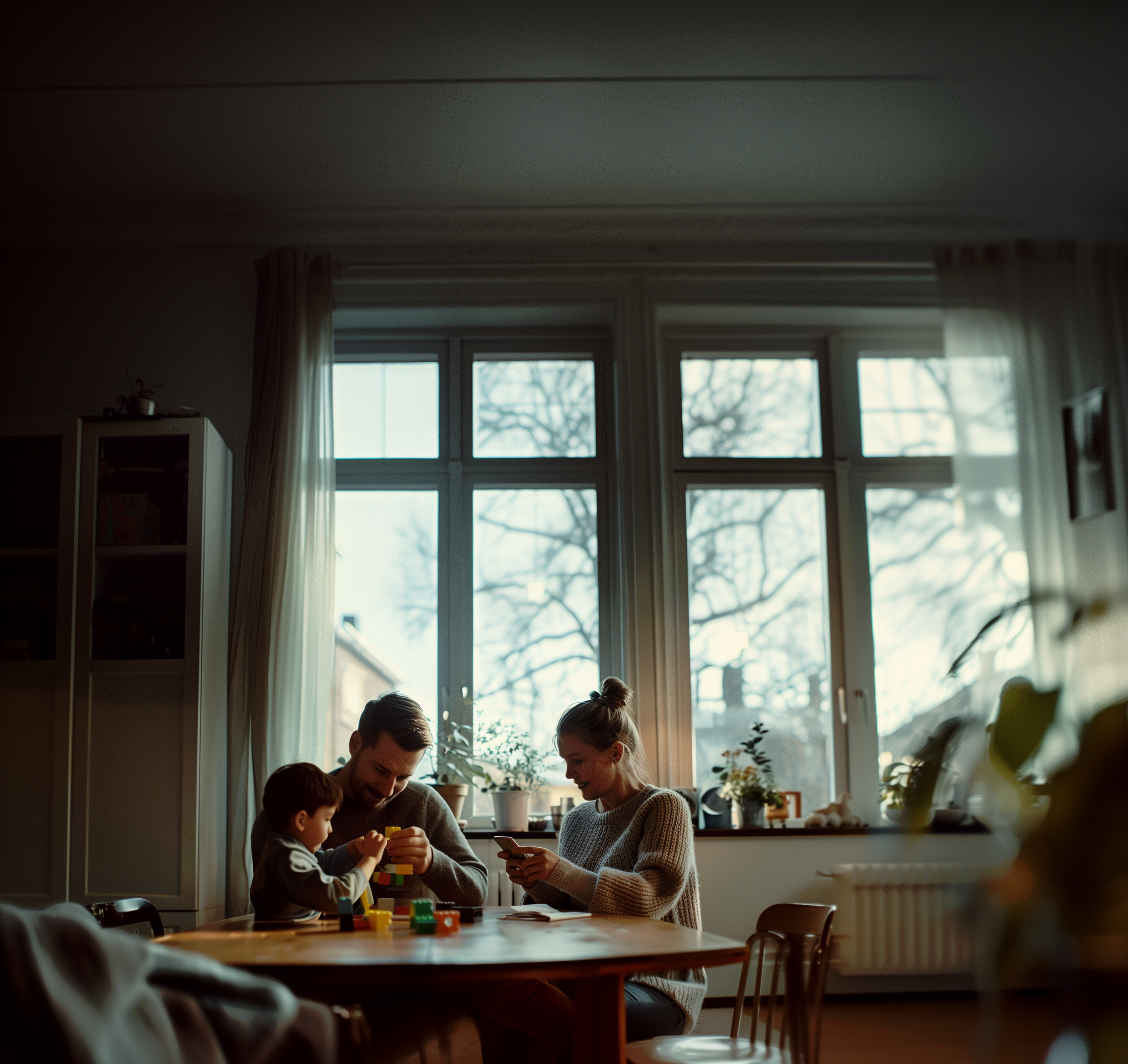 En familj sitter tillsammans vid ett träbord i ett mysigt rum med dagsljus. En pappa och hans lilla son leker tillsammans med färgglada byggklossar, medan mamman sitter bredvid och tittar på sin telefon.