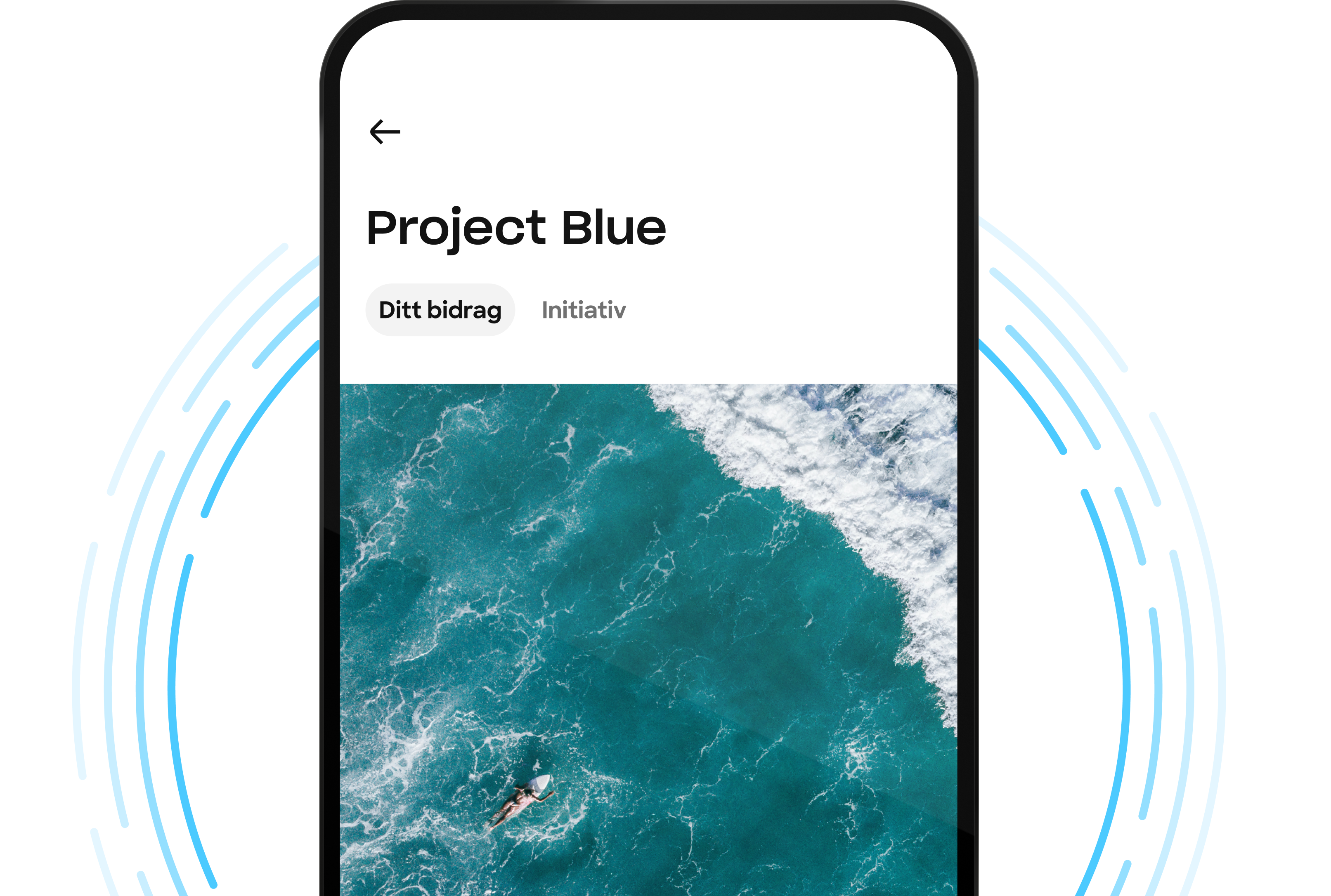 Et skjermbilde av en mobilapp for "Project Blue", som viser et flyfoto av en person som svømmer i havet og faner for "Your contribution" og "Initiatives".