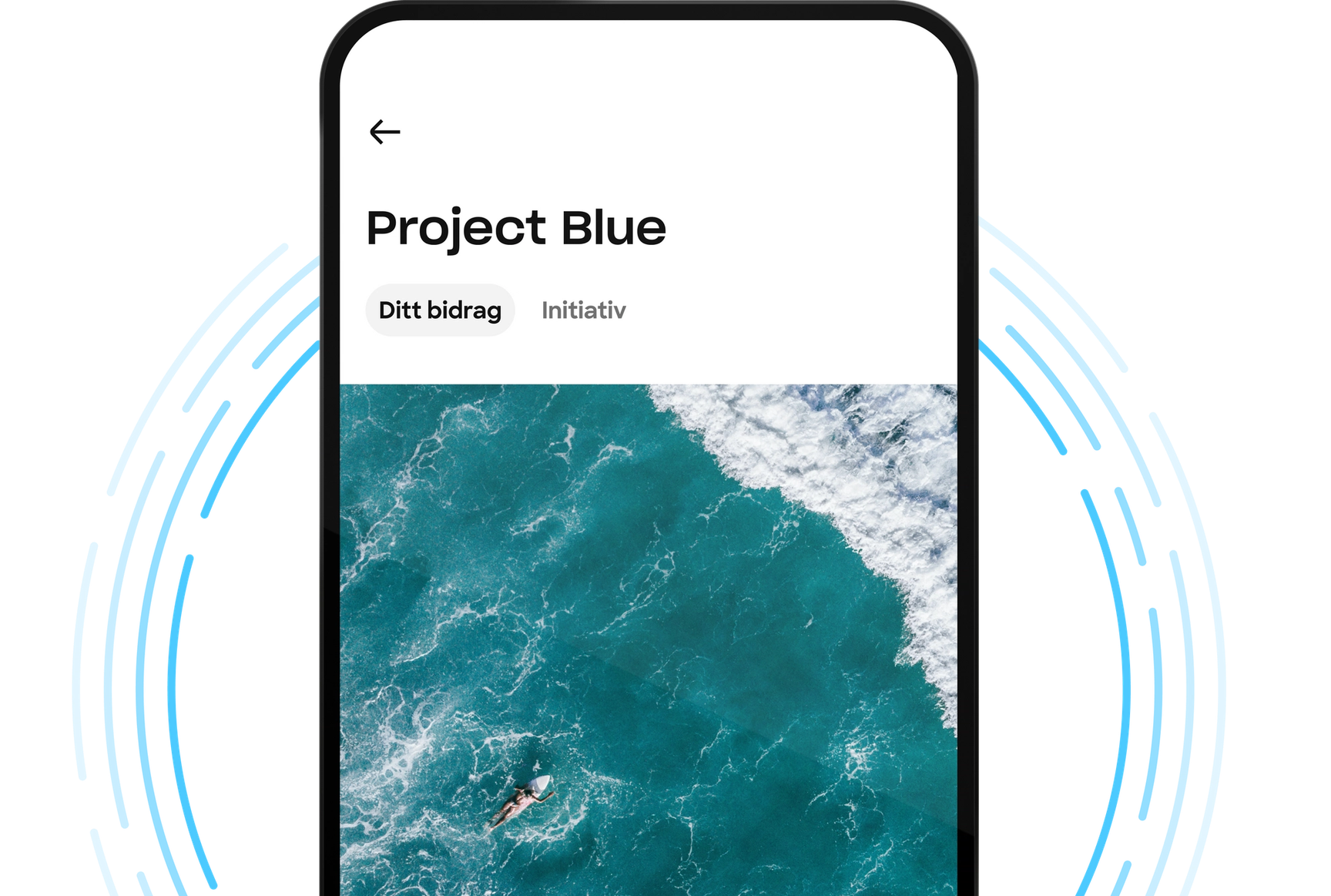 Et skjermbilde av en mobilapp for "Project Blue", som viser et flyfoto av en person som svømmer i havet og faner for "Your contribution" og "Initiatives".