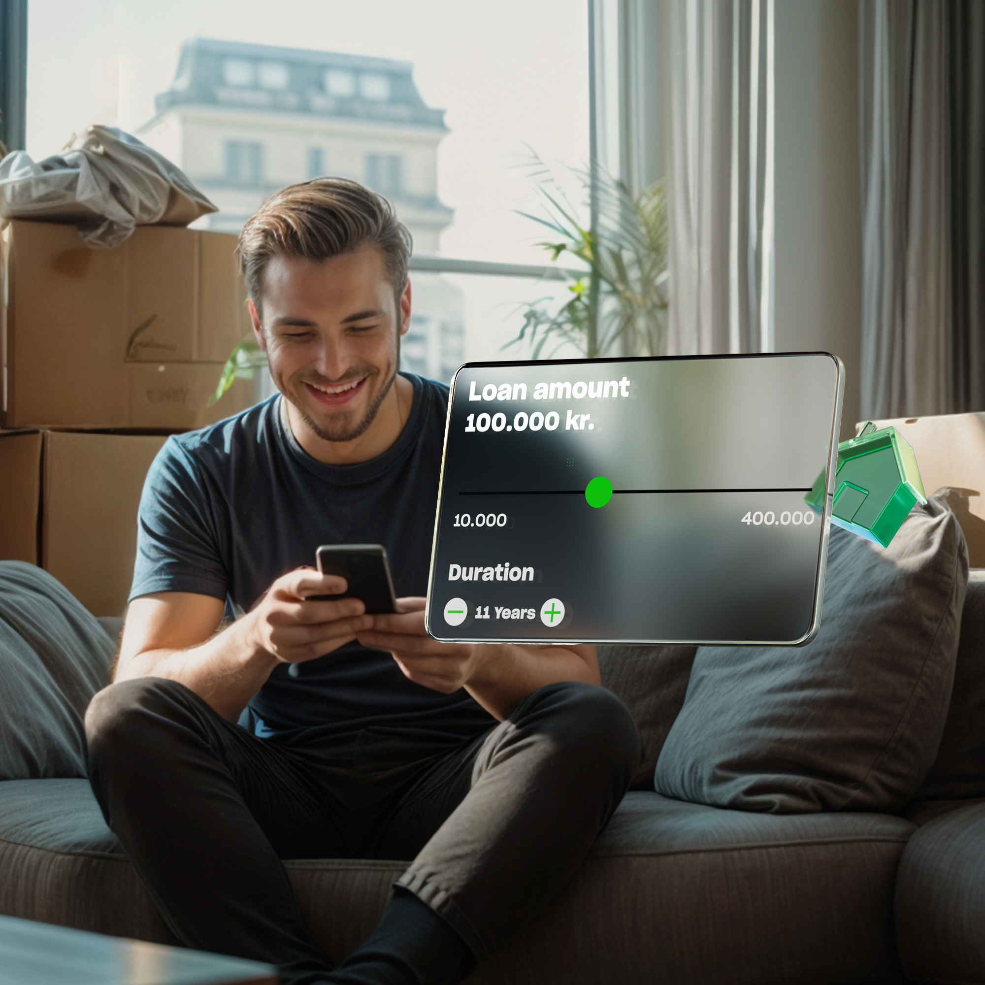 A man sits on a sofa surrounded by moving boxes, smiling as he uses his phone. A futuristic loan application interface floats in front of him, showing a loan of 100,000 kr.