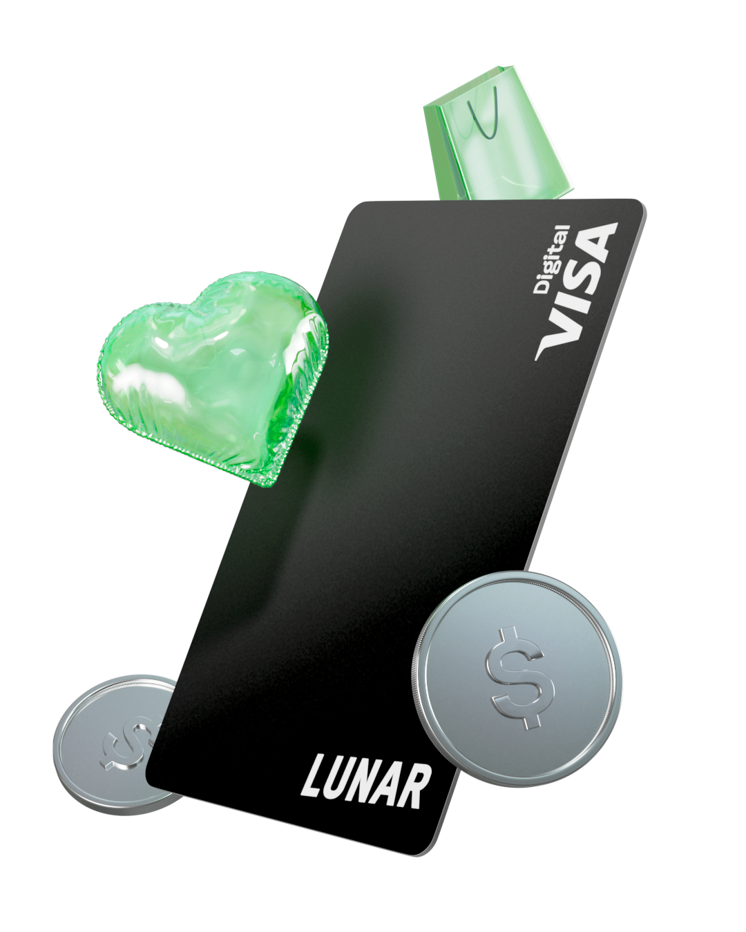 Et sort digitalt Lunar Visa-kort omgivet af 3D-ikoner: et gennemsigtigt grønt hjerte, en grøn indkøbspose og to sølvmønter med dollartegn.