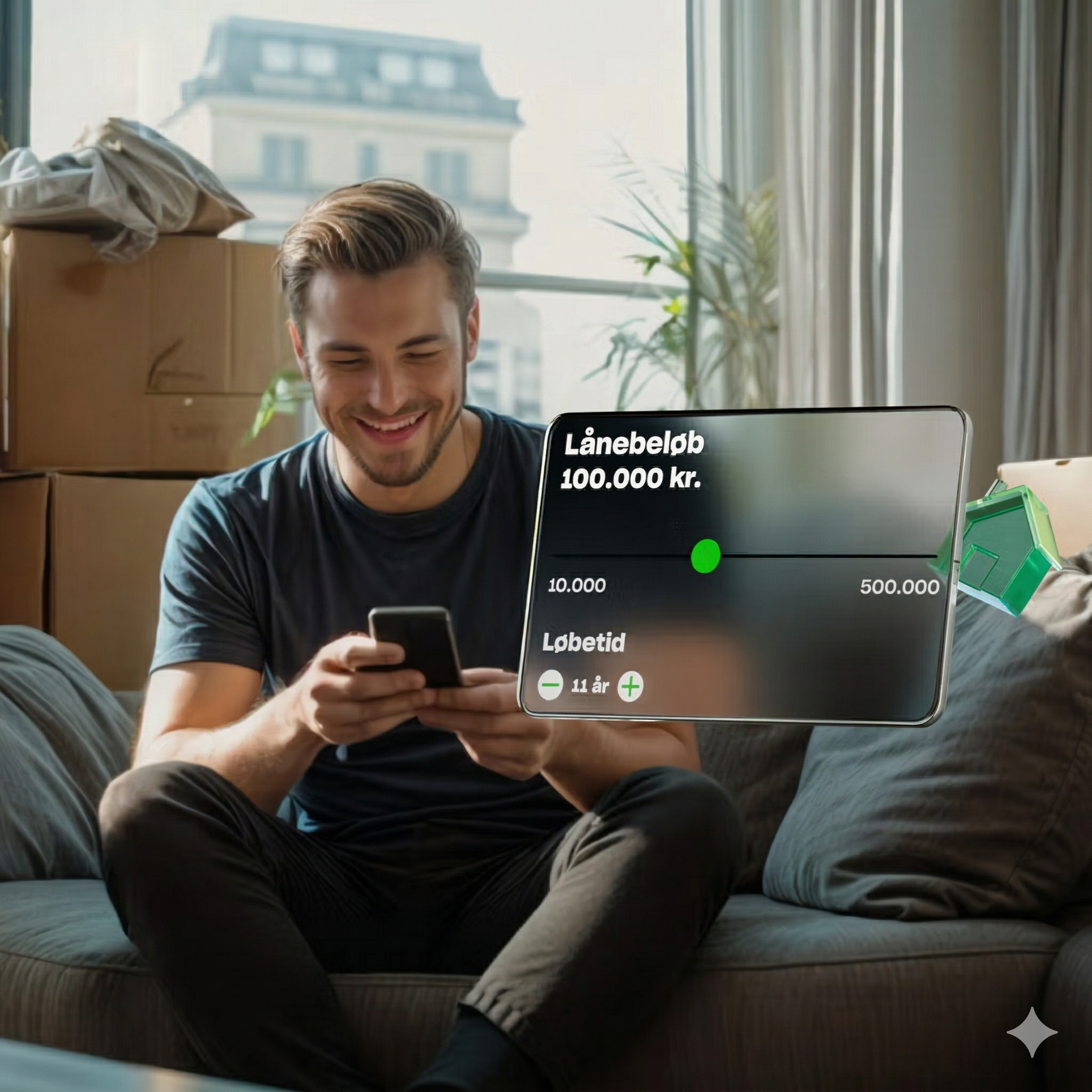 En mand sidder i en sofa omgivet af flyttekasser og smiler, mens han bruger sin telefon. En futuristisk låneansøgnings-grænseflade svæver foran ham og viser et lån på 100.000 kr.