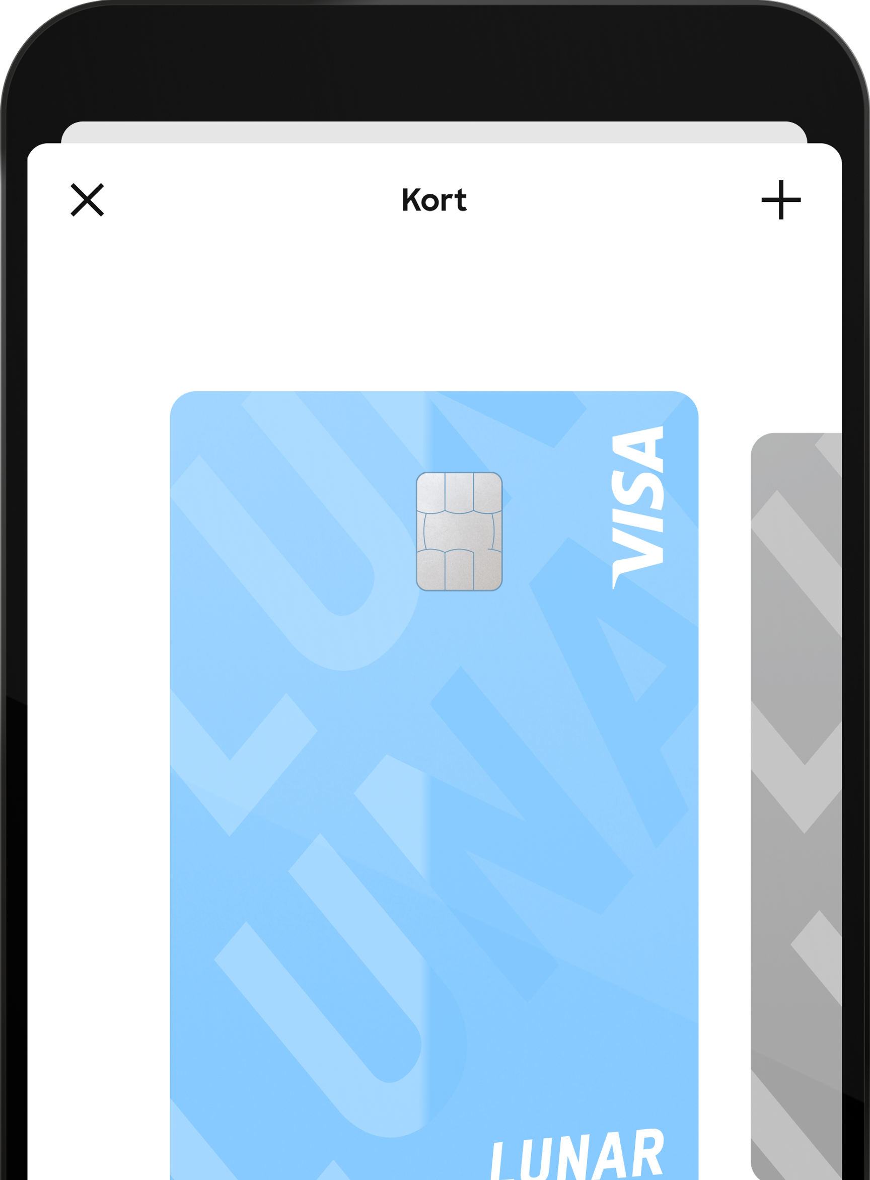 Et nærbillede af en mobilapps "Cards"-skærm, der viser et blåt Lunar Visa-kort med et blankt logomønster.