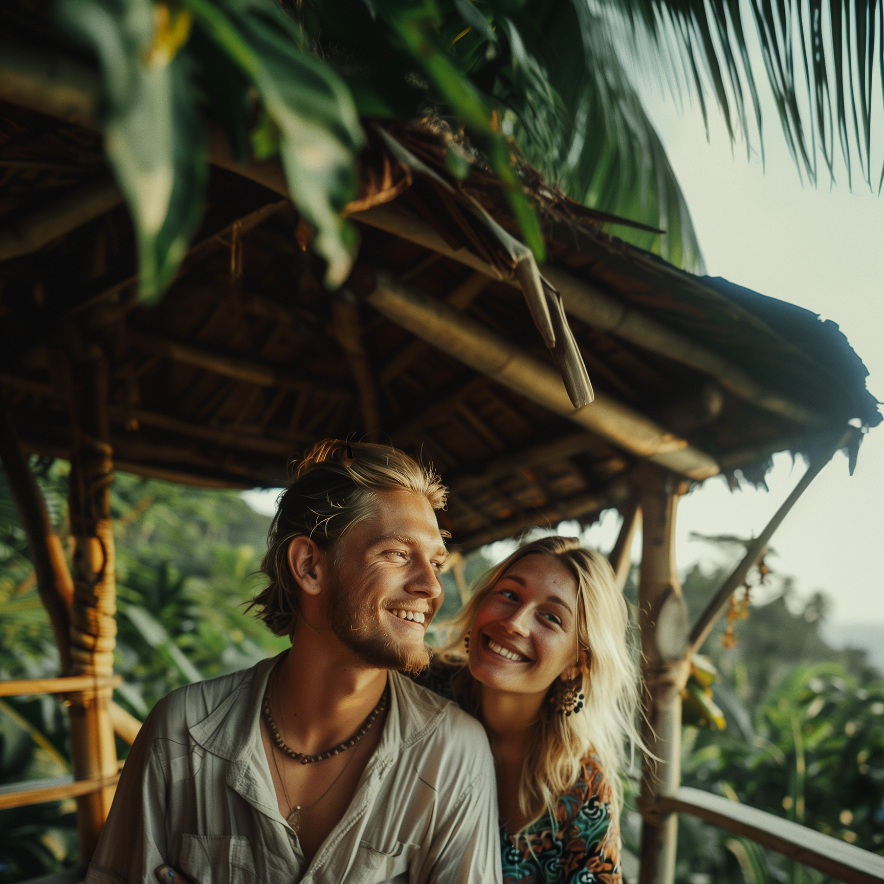 En smilende mand og kvinde, der omfavner hinanden varmt i rustikke, tropiske omgivelser.