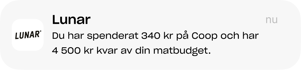 Notification SE spending Du har spenderat 340 kr på Coop och har 4 500 kr kvar av din matbudget