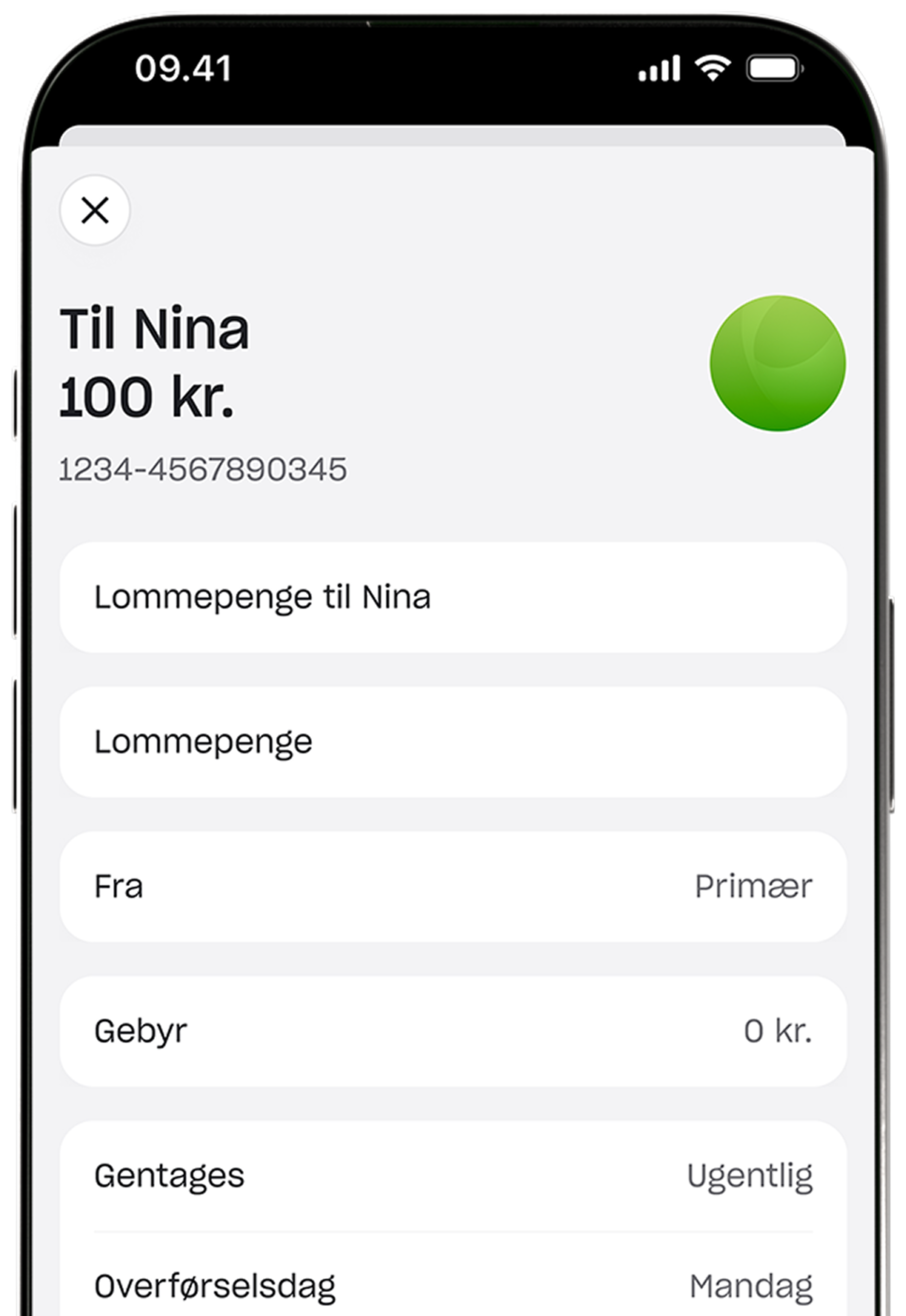 Et skærmbillede af en mobilapp til opsætning af en tilbagevendende ugentlig lommepengebetaling på 100 kr. til en modtager ved navn Nina.