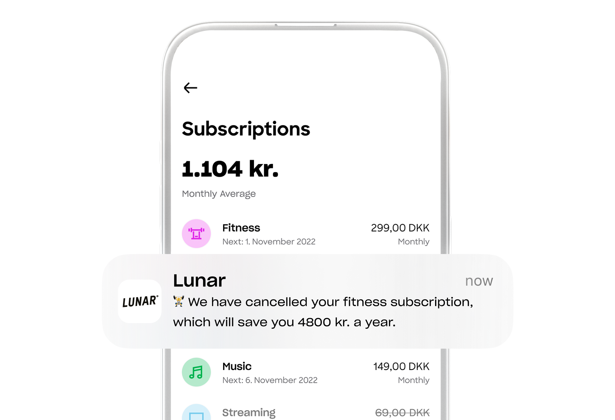 A mobile app screen for managing subscriptions, with a push notification showing that a fitness subscription has been cancelled to save money.