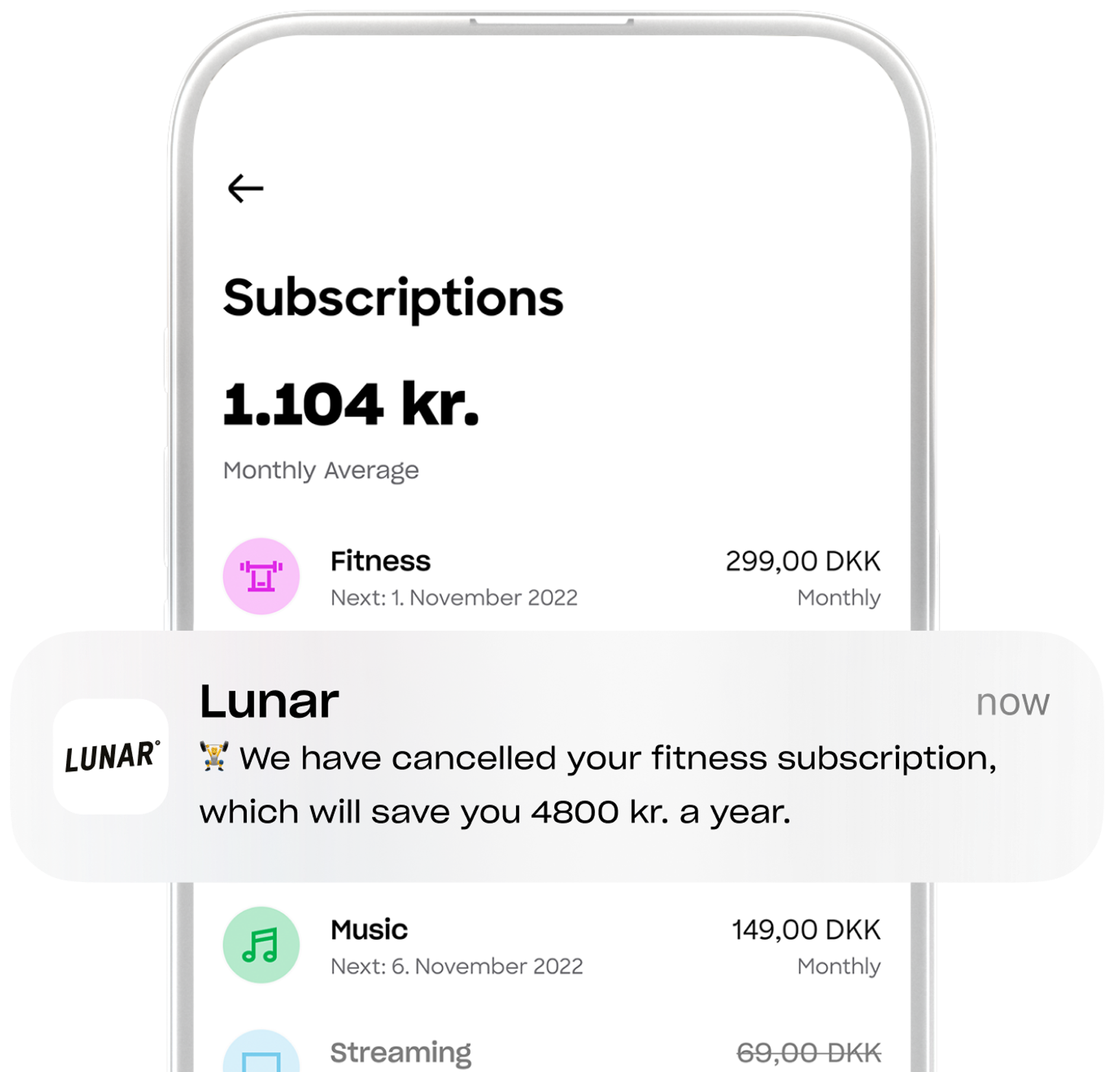En mobilappsskärm för att hantera prenumerationer, med en push-notis som visar att en fitnessprenumeration har avslutats för att spara pengar.