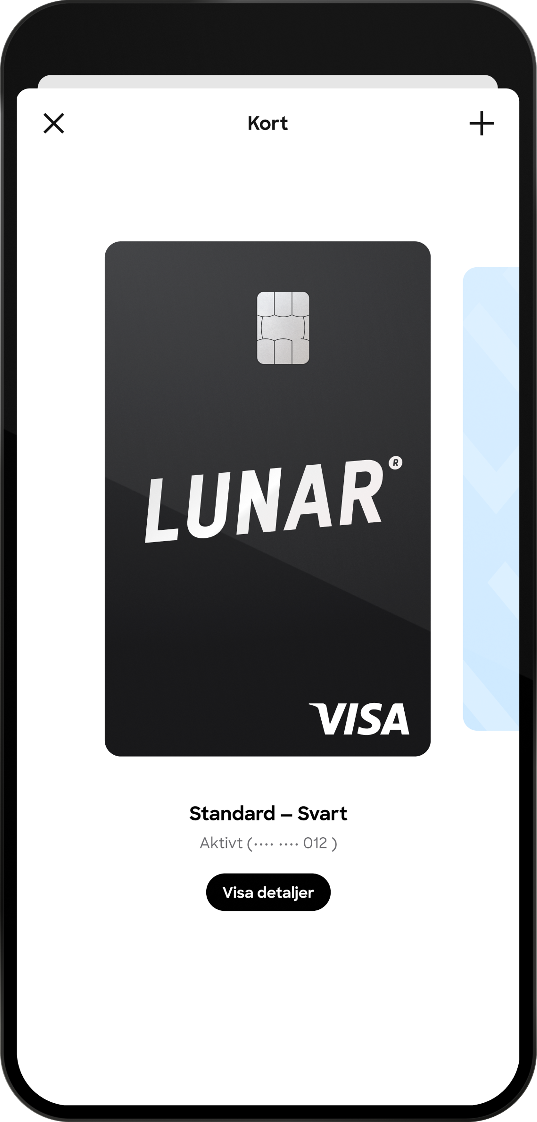 En skärmdump av en mobilapps kortskärm som visar ett aktivt, svart standard Lunar Visa-kort med en knapp för att "Visa detaljer".