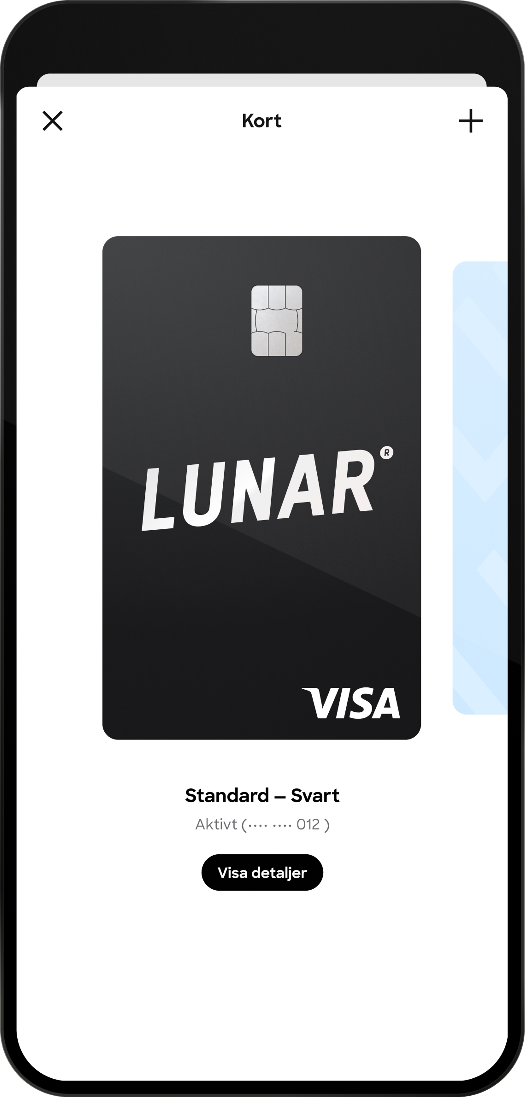 En skärmdump av en mobilapps kortskärm som visar ett aktivt, svart standard Lunar Visa-kort med en knapp för att "Visa detaljer".