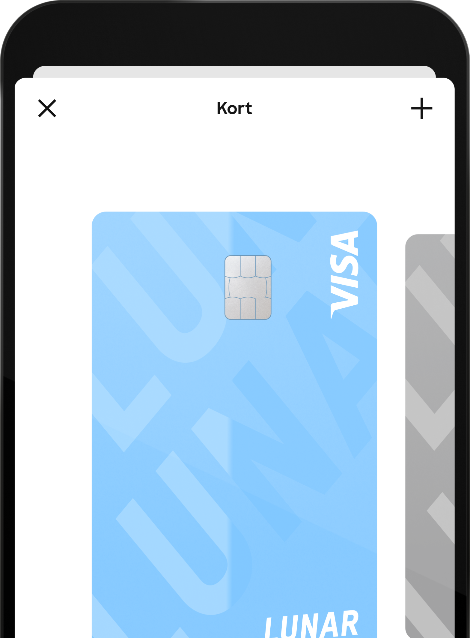 En närbild av en mobilapps "Cards"-skärm, som visar ett digitalt Lunar Visa-kort med ett glansigt logotypmönster.