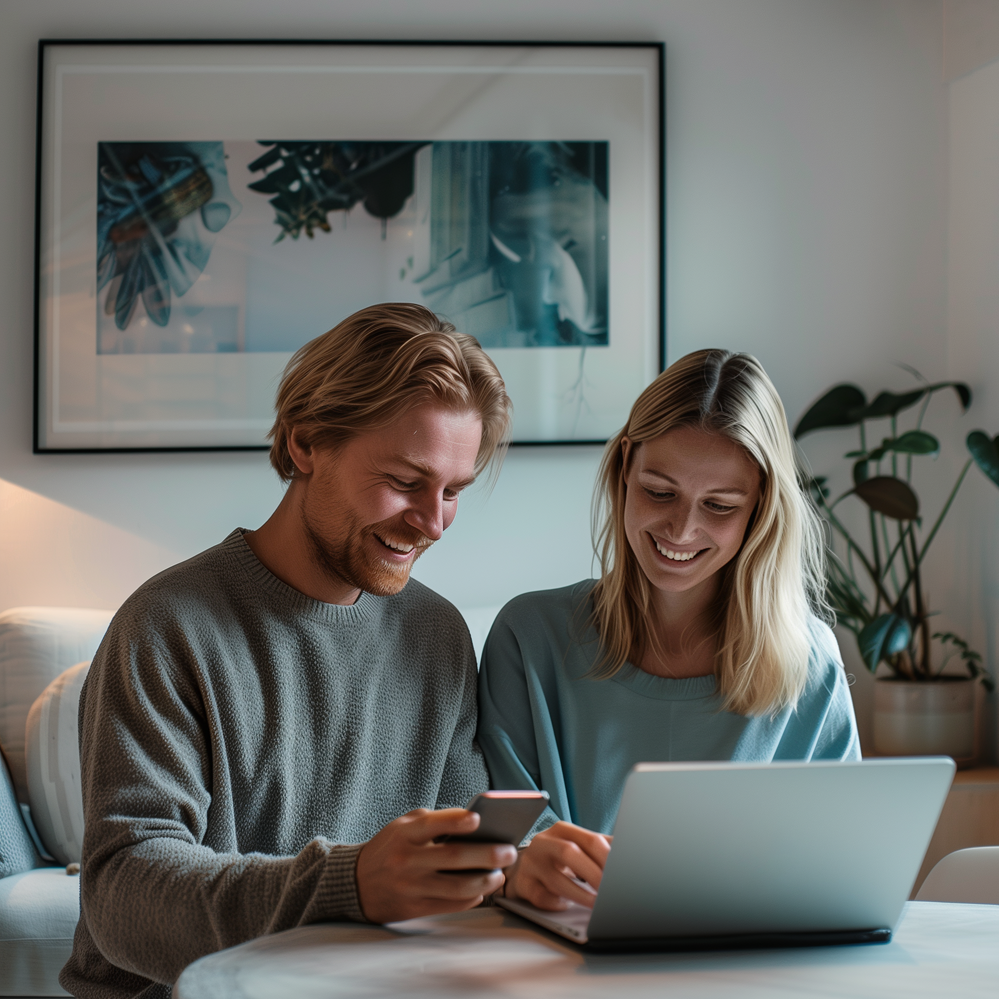 A smiling man and woman sit together at a table in their home, looking at a smartphone and a laptop.
