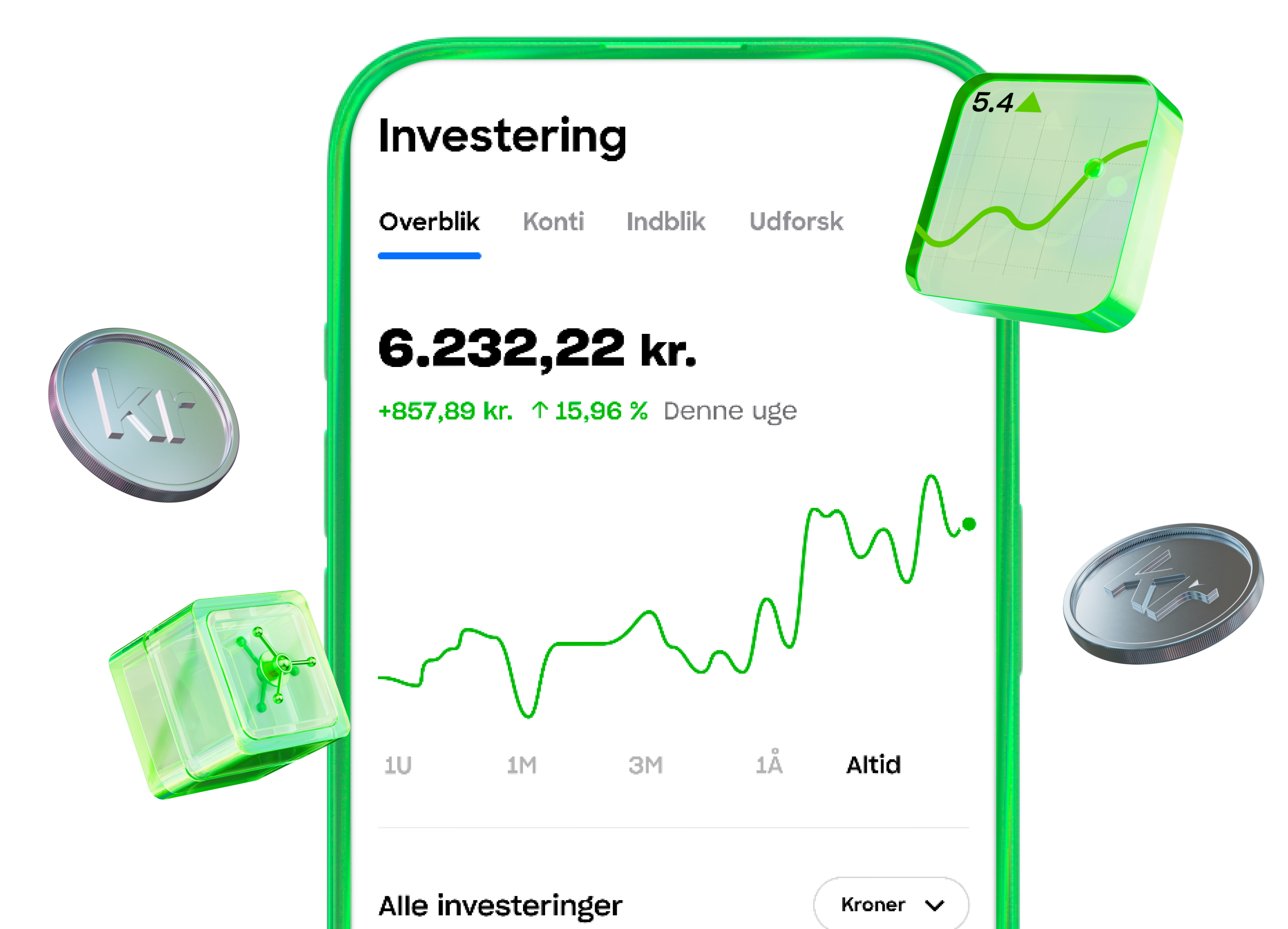 Et skærmbillede af en mobilapps "investering"-skærm, der viser en porteføljeværdi på 6.232,22 kr. og en positiv udviklingsgraf. 3D-ikoner af et pengeskab, mønter og en graf svæver i nærheden.