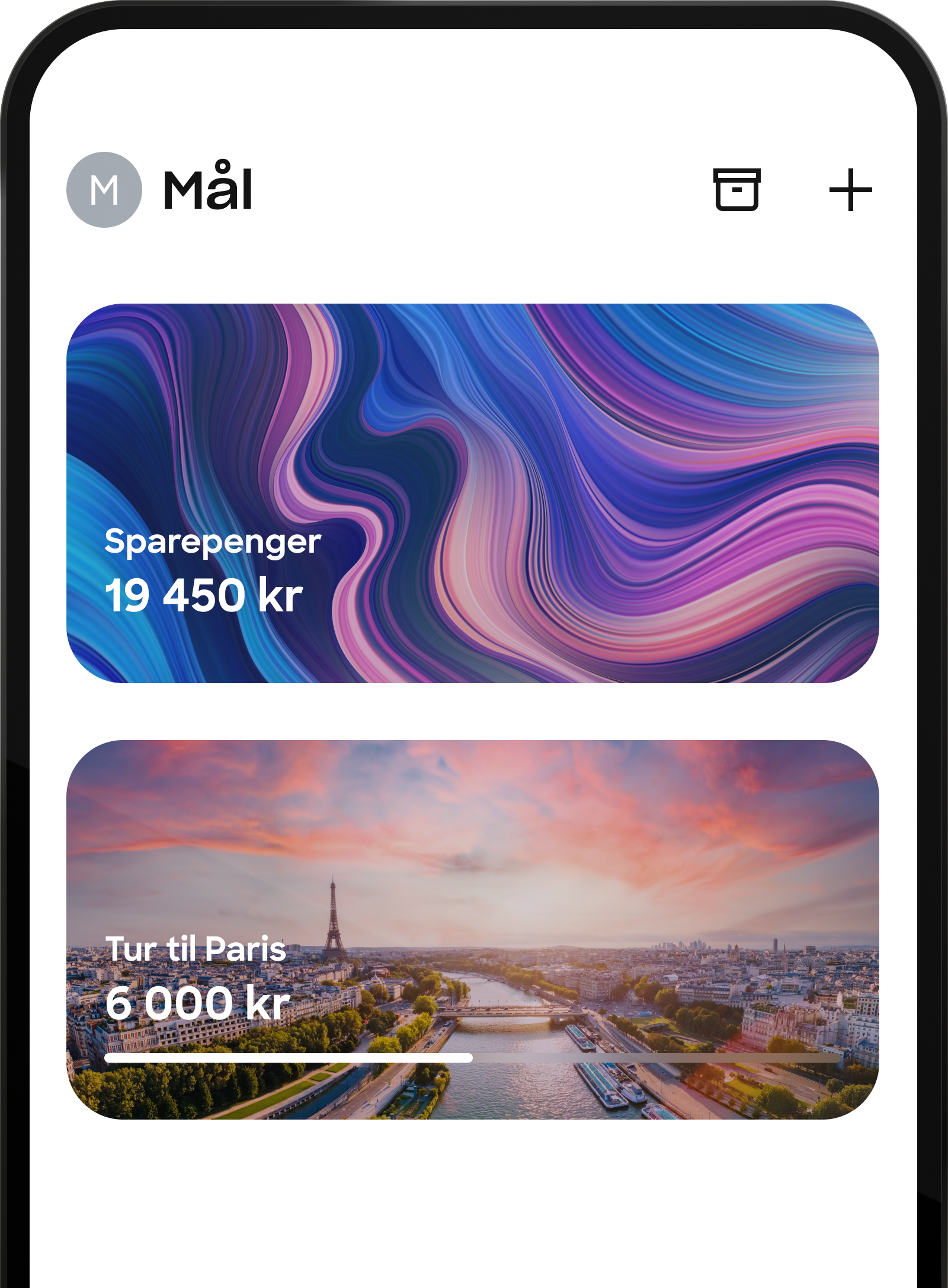 Skjermbilde av "Mål"-siden i en mobilapp, som viser to sparemål: ett for "Sparepenger" og ett for en "Tur til Paris" med en fremdriftslinje.