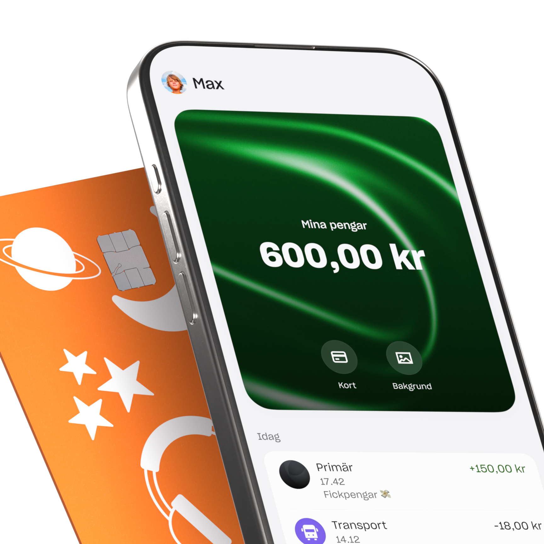 En smartphone som visar ett ungdomsbankkonto med saldo och transaktioner, visad bredvid ett fysiskt orange betalkort dekorerat med rymd- och musikikoner.