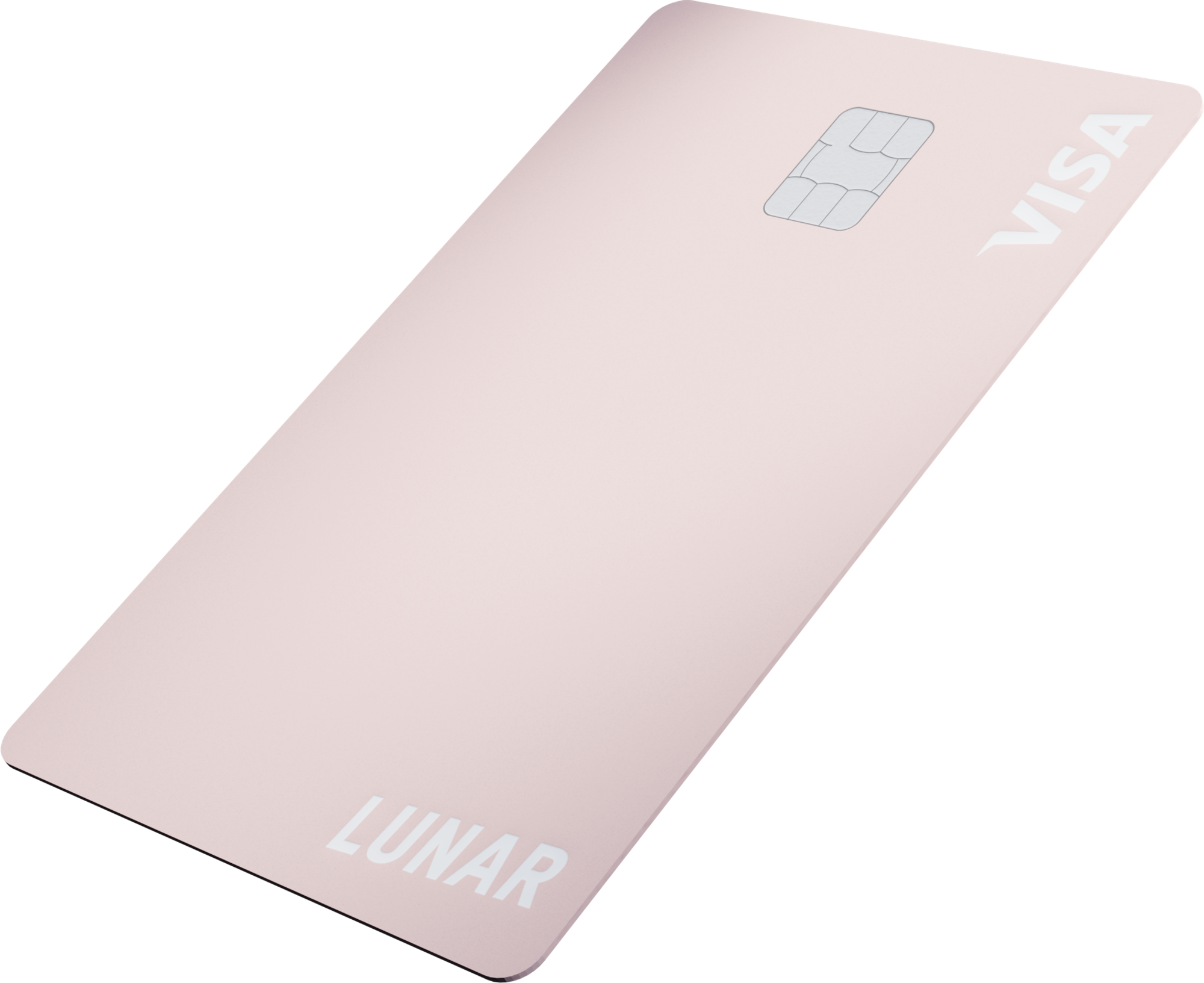 Et minimalistisk, metallisk lyserødt Lunar Visa-kort vist fra en vinkel.