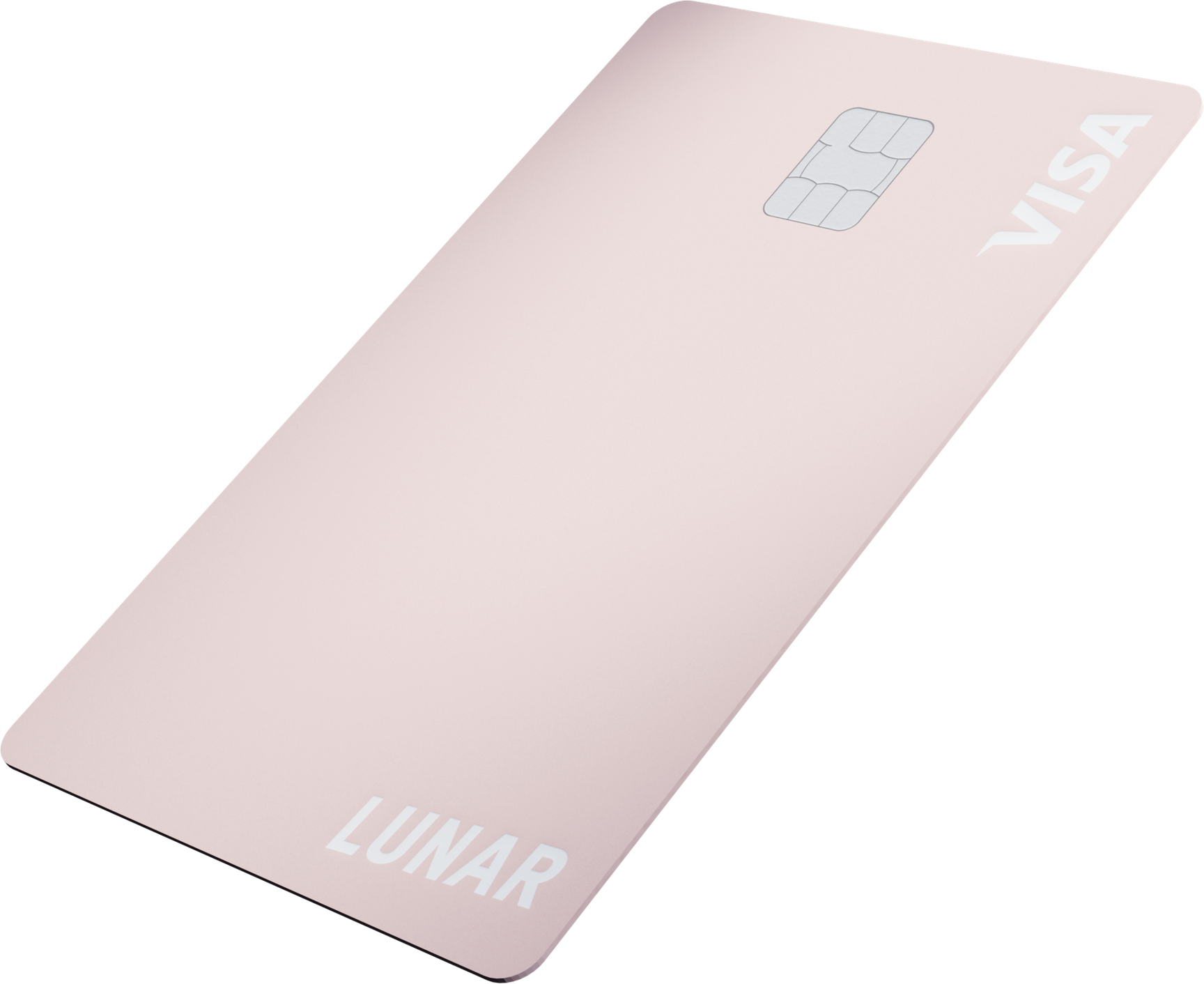 Et minimalistisk, metallisk lyserødt Lunar Visa-kort vist fra en vinkel.
