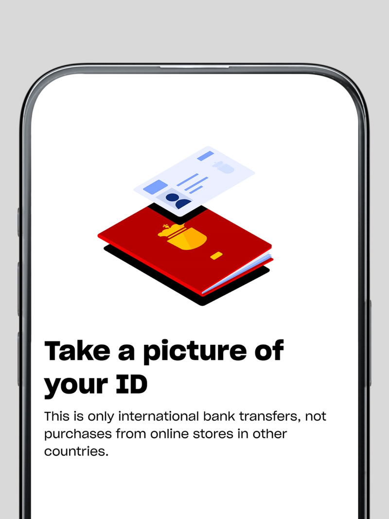 Et skærmbillede af en mobilapp, der instruerer brugeren i at tage et billede af sit ID, med en grafik af et pas og et ID-kort.