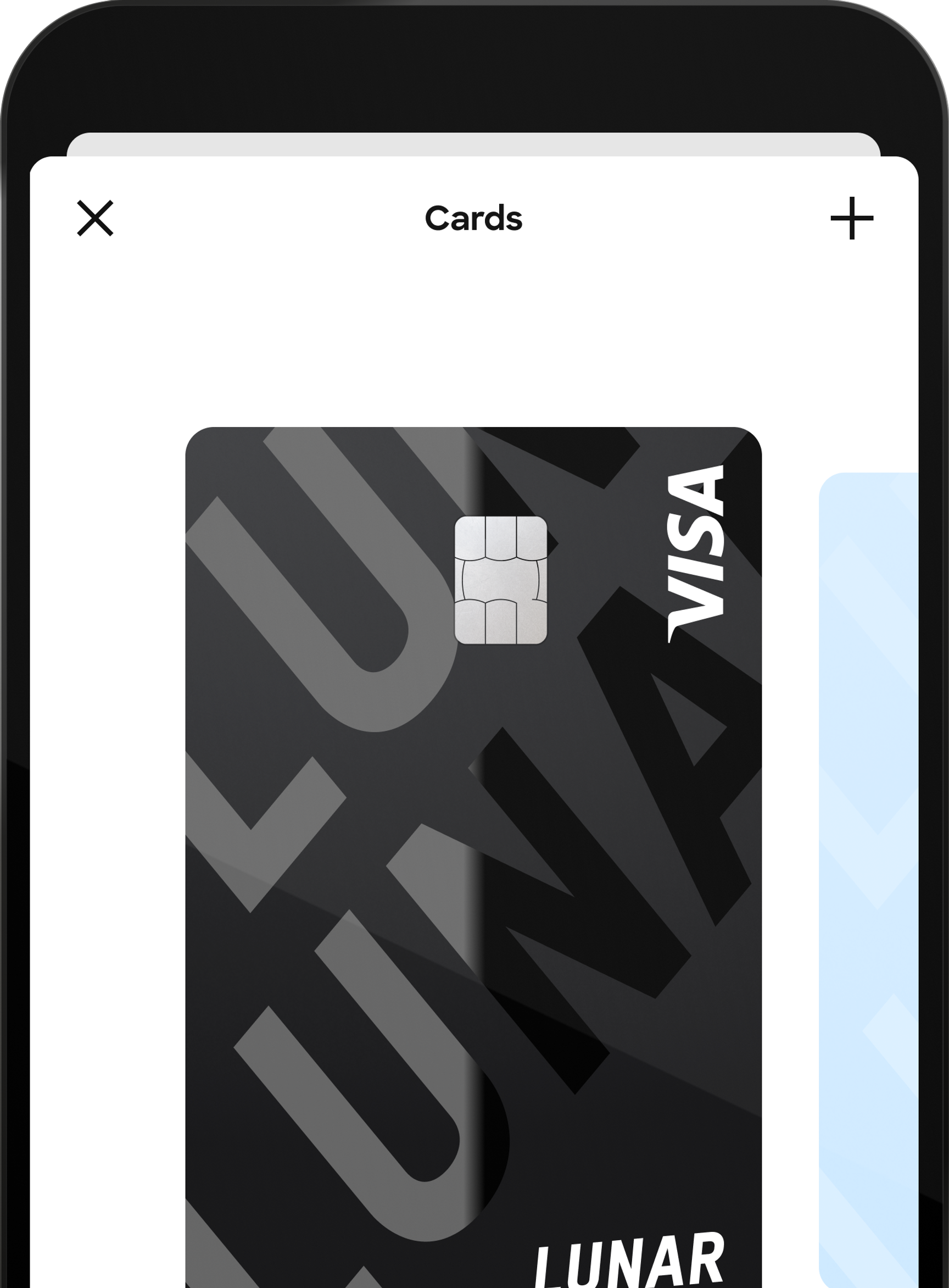 A close-up of a mobile app's "Cards" screen, displaying a digital black Lunar Visa card with a glossy logo pattern.