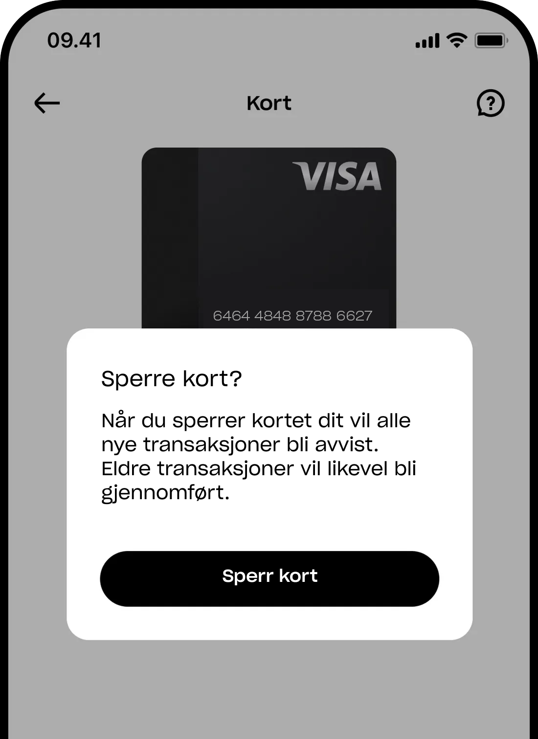 Et skjermbilde av en mobilapp som viser en melding om å sperre et digitalt Visa-kort, som forklarer konsekvensene og har en "Sperr kort"-knapp.