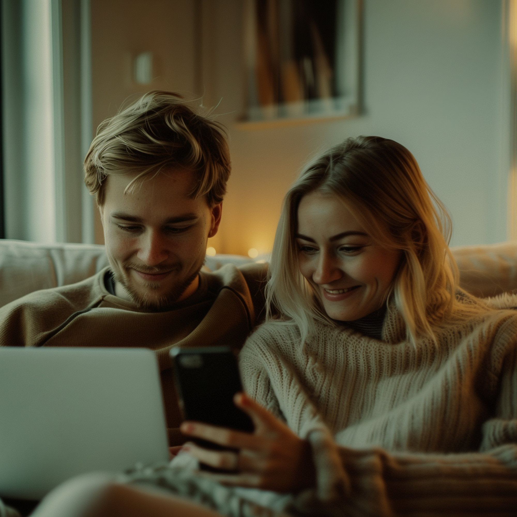 A man and a woman relaxing on a sofa in a cozy living room, smiling as they look at a smartphone together. The man has a laptop on his lap.