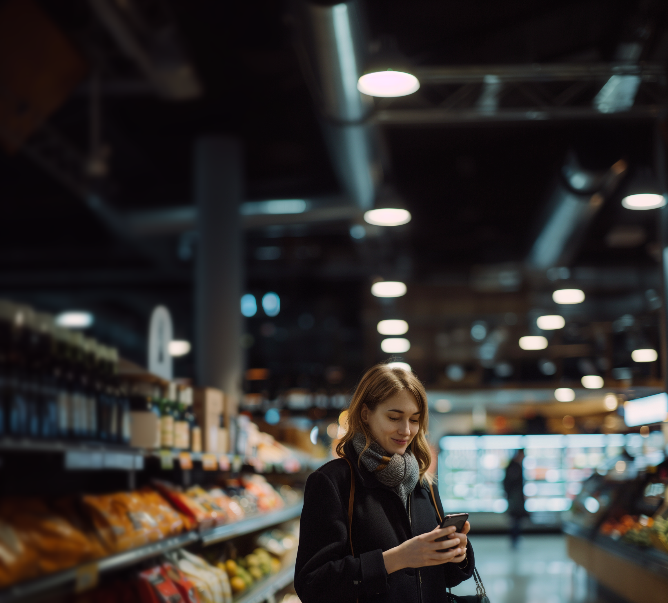 En kvinne i frakk og skjerf smiler mens hun ser på smarttelefonen sin, stående i midtgangen i en matbutikk.