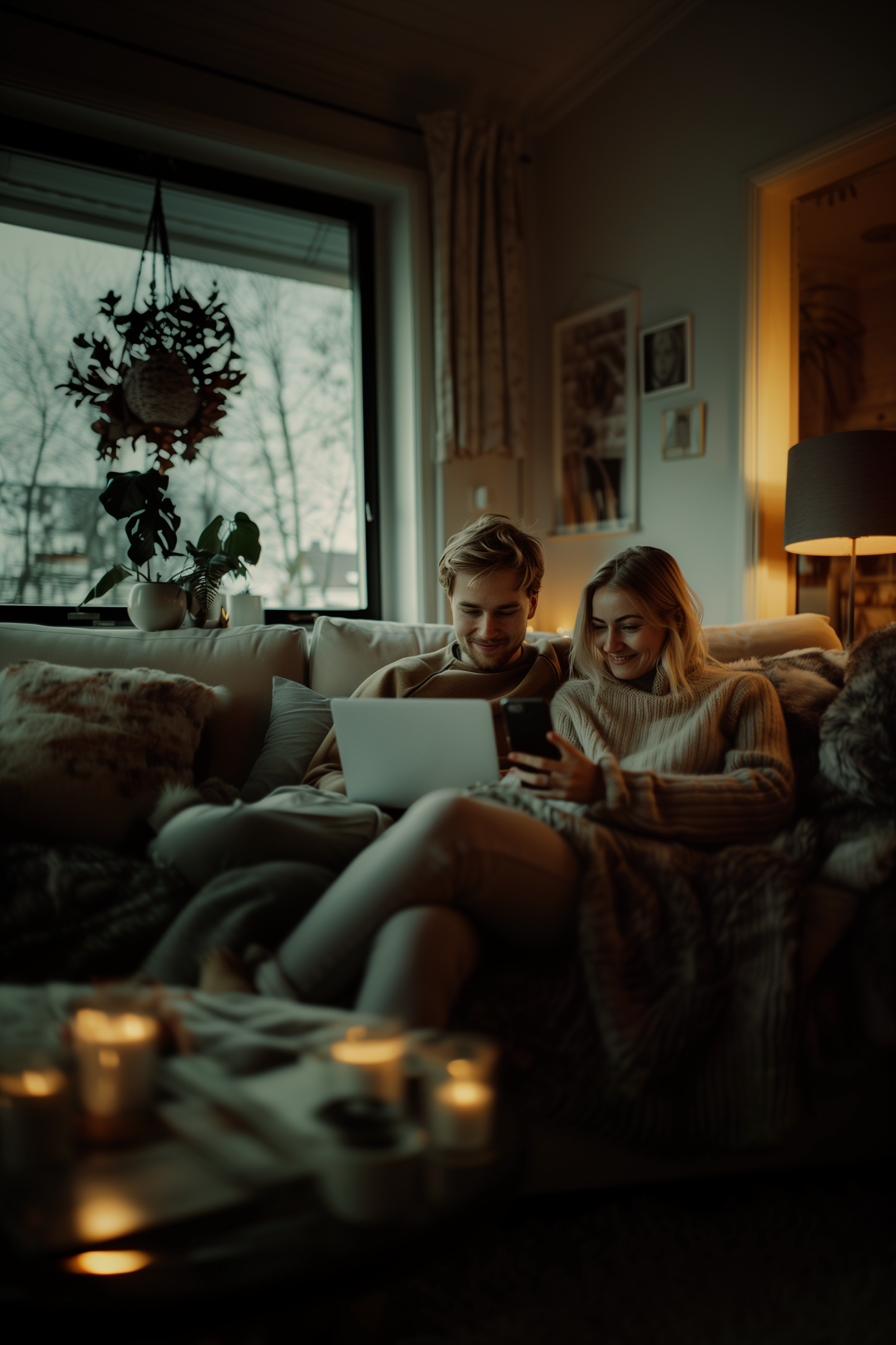 En mann og en kvinne slapper av i en sofa i en koselig stue og smiler mens de ser på en smarttelefon sammen. Mannen har en bærbar PC på fanget.