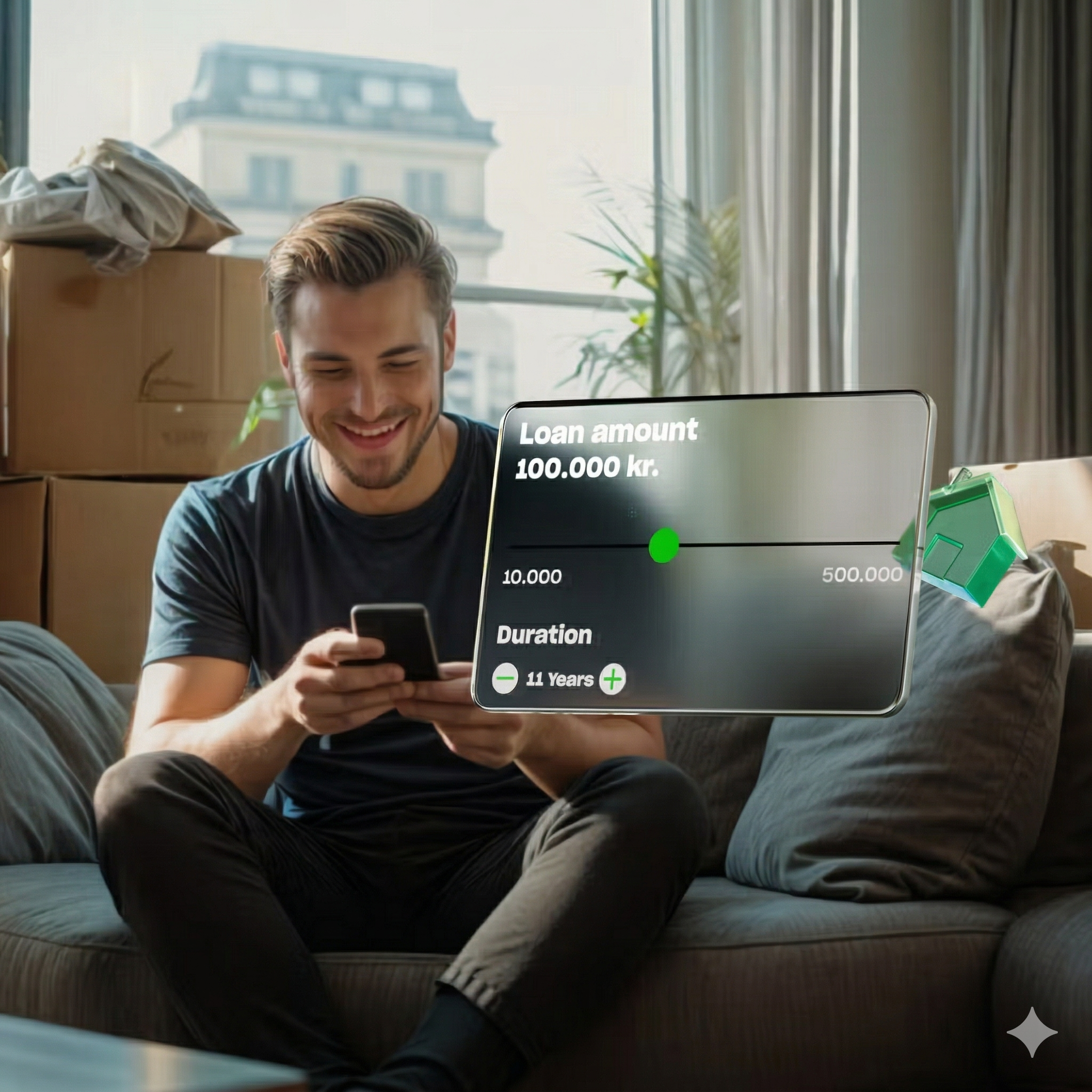 A man sits on a sofa surrounded by moving boxes, smiling as he uses his phone. A futuristic loan application interface floats in front of him, showing a loan of 100,000 kr.