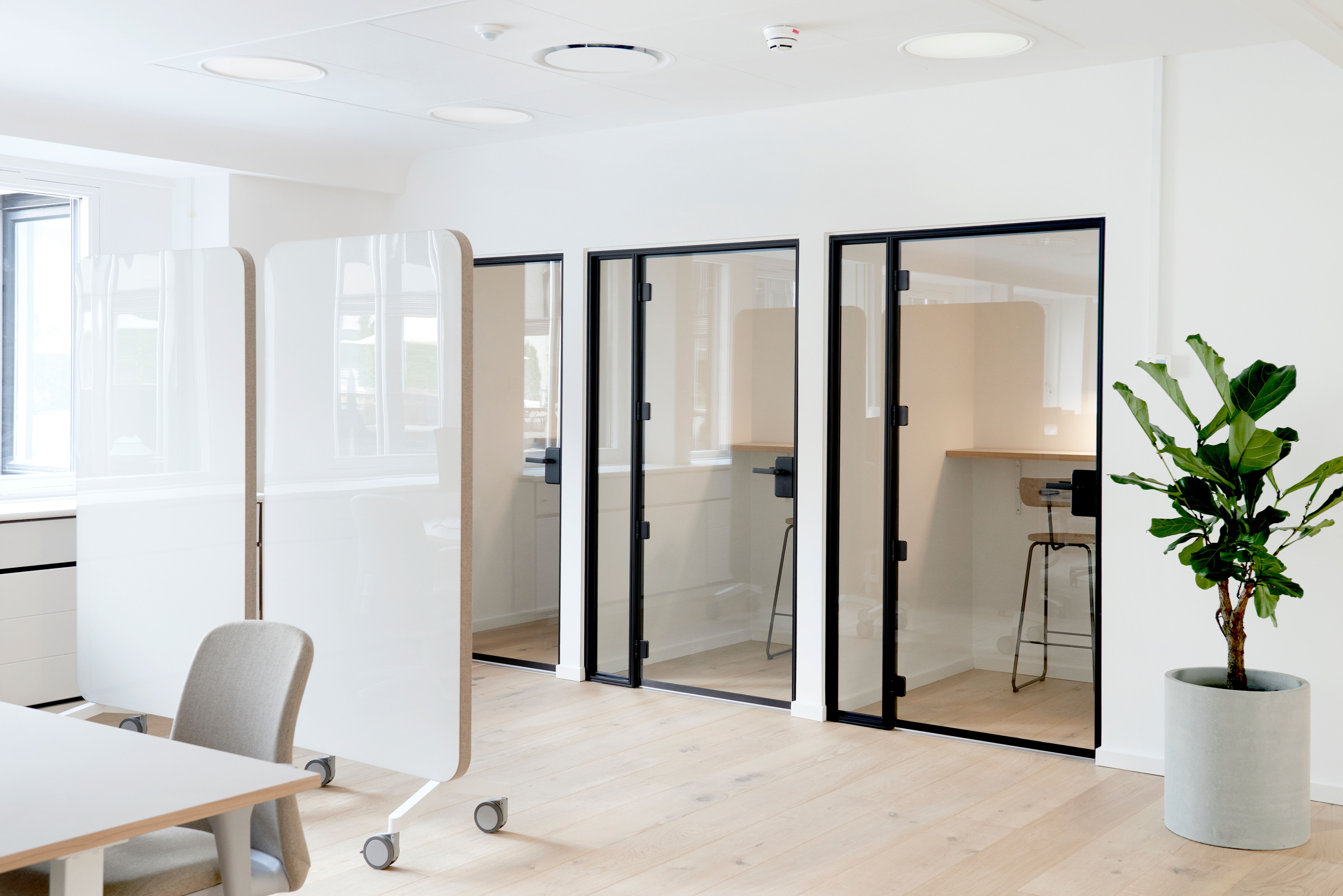 A modern office interior with a row of sleek, glass-walled phone booths for private calls.