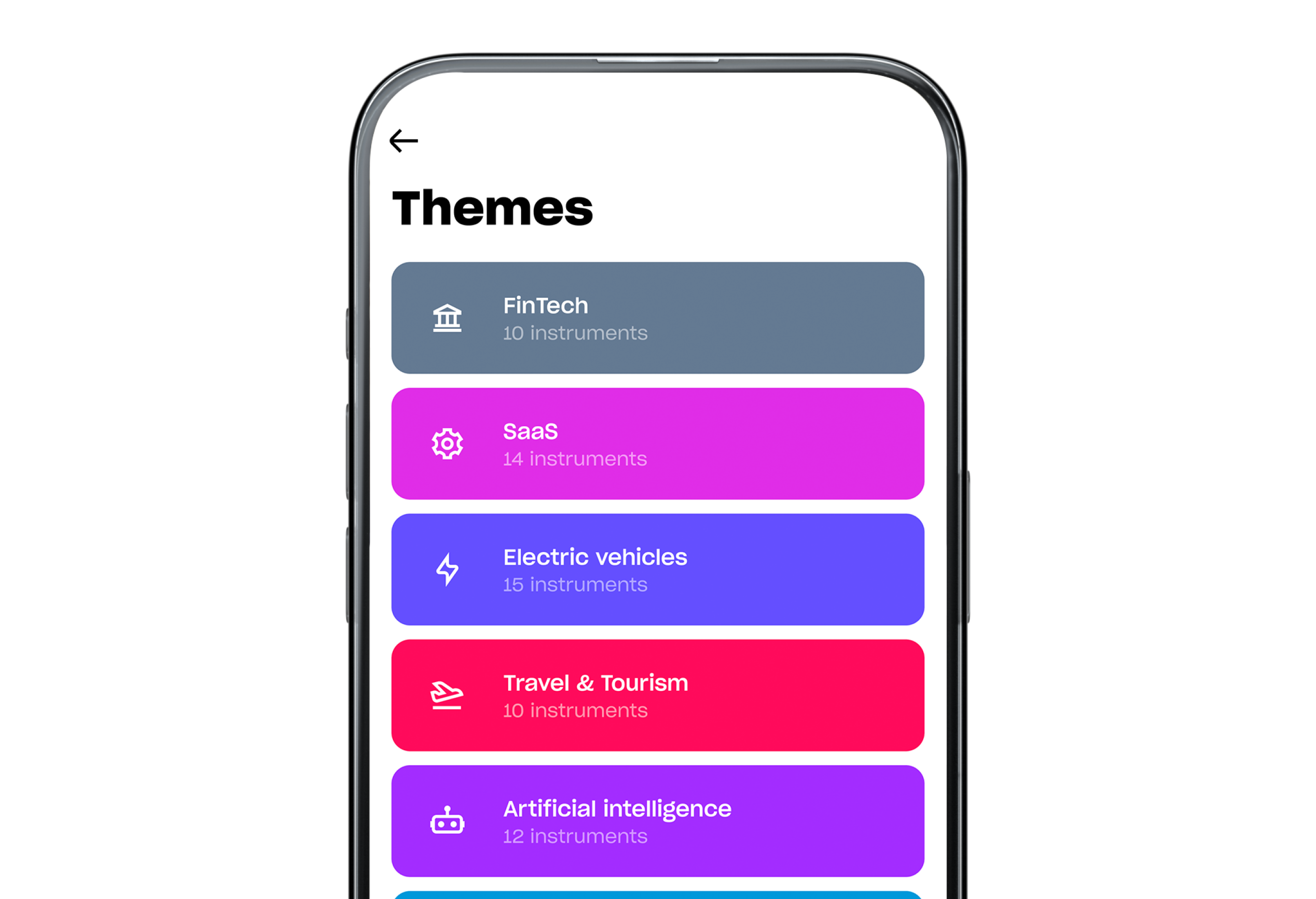 Et skærmbillede af en mobilapp, der viser en liste over investerings-"temaer", såsom FinTech, SaaS og elektriske køretøjer, hver i en farverig knap.