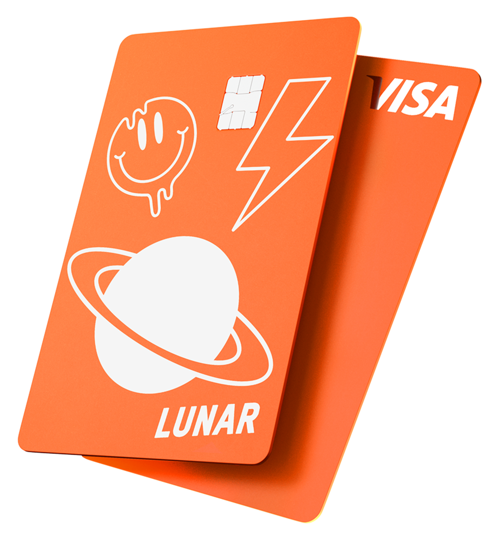 Two orange Lunar Visa cards, with the top card decorated with playful white icons of a melting smiley face, a lightning bolt, and a planet.