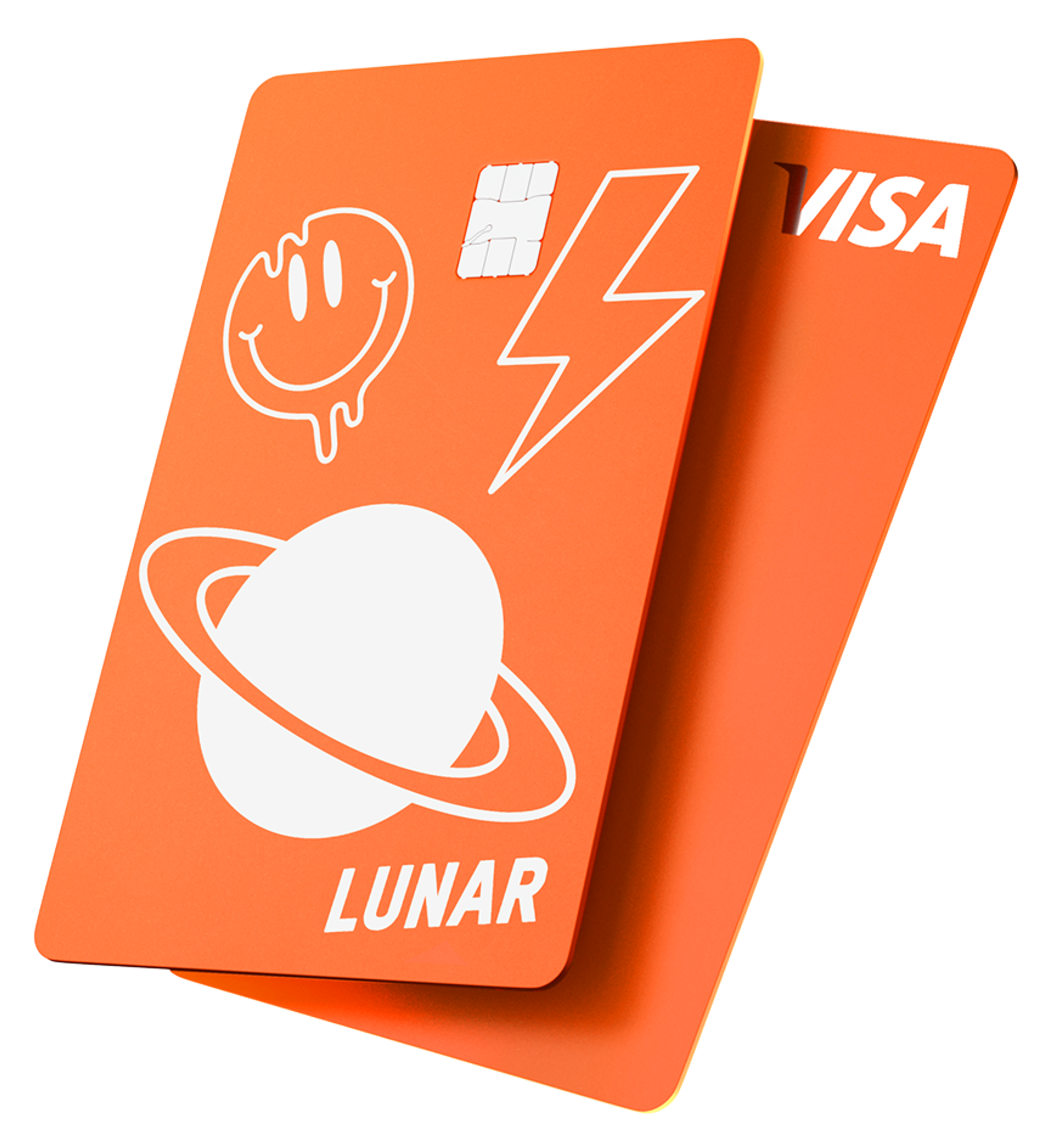 Två orangea Lunar Visa-kort, där det översta kortet är dekorerat med lekfulla vita ikoner av en smältande smiley, en blixt och en planet.