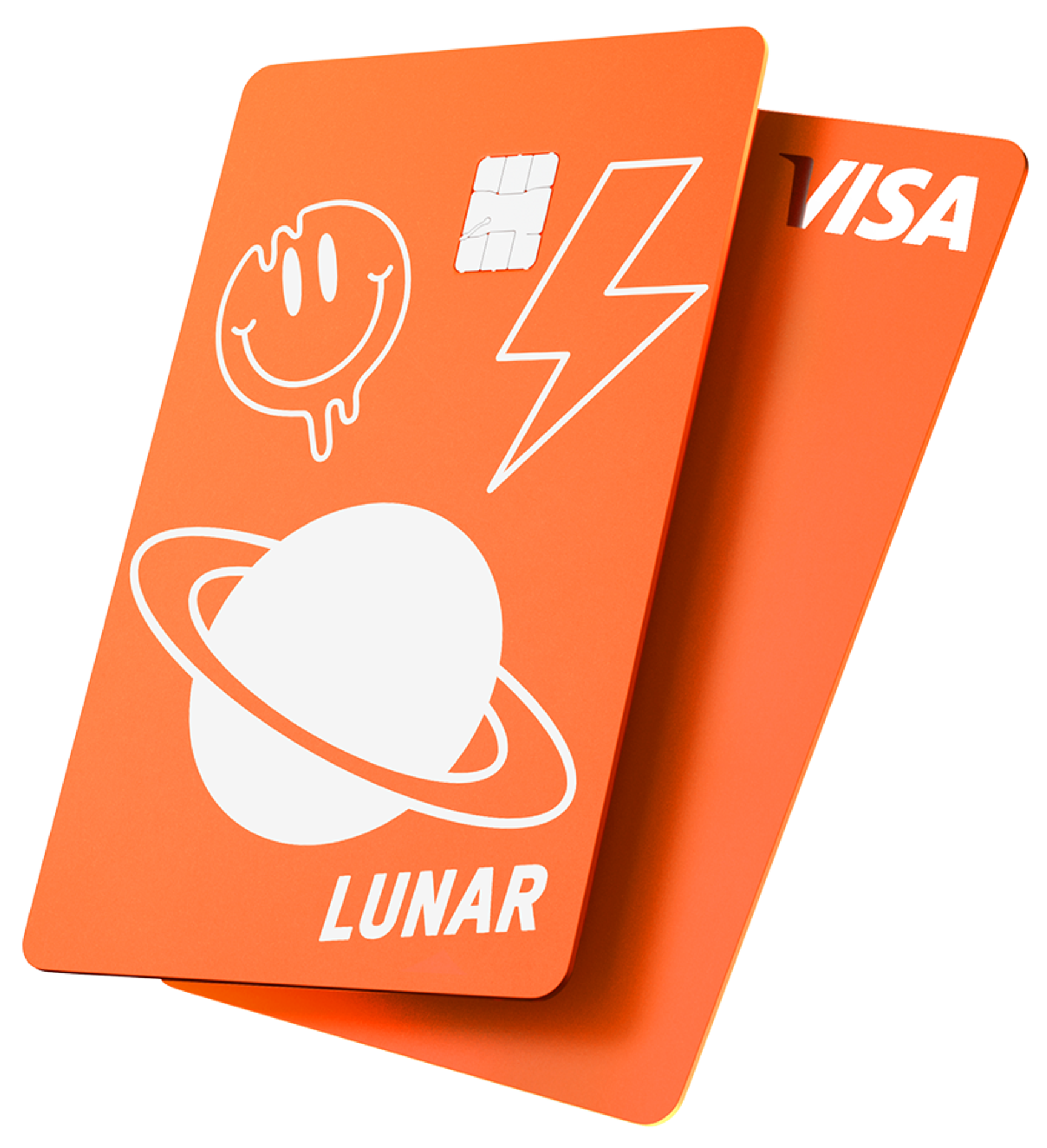 To oransje Lunar Visa-kort, der det øverste kortet er dekorert med lekne hvite ikoner av et smeltende smilefjes, et lyn og en planet.