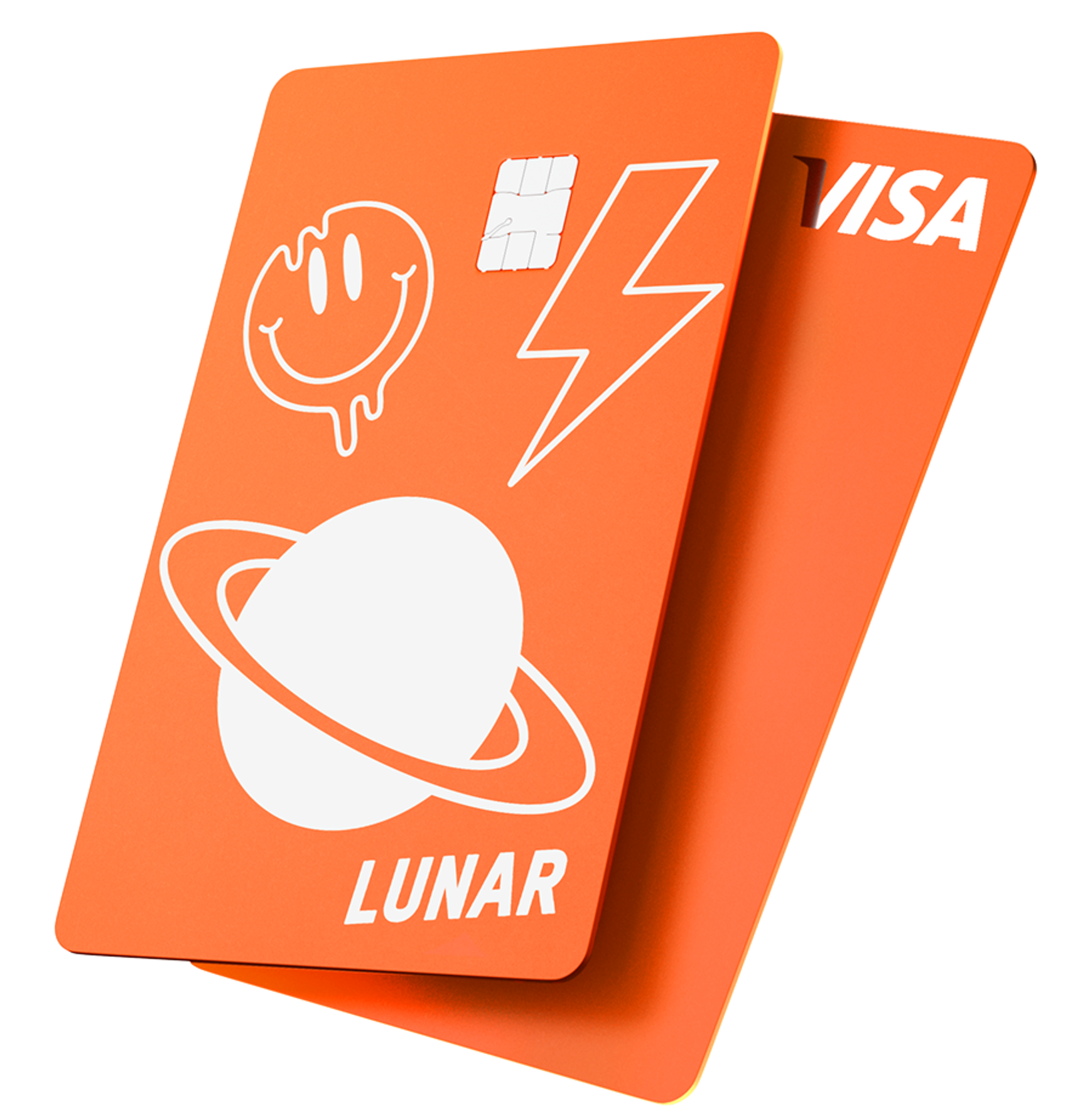 To orange Lunar Visa-kort, hvor det øverste kort er dekoreret med sjove hvide ikoner af et smeltende smiley-ansigt, et lyn og en planet.