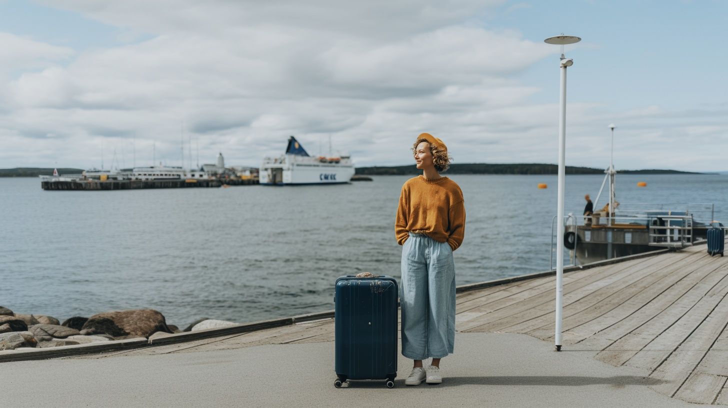 Et smilende par sidder i en båd på en solskinsdag og kigger sammen på en smartphone. Kvinden bærer en stråhat, og der er klipper og blåt vand i baggrunden.